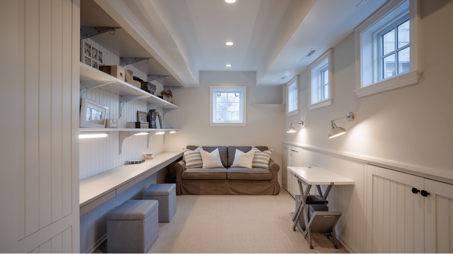 narrow basement with a built-in desk, open shelving, bench seating, and light flooring
