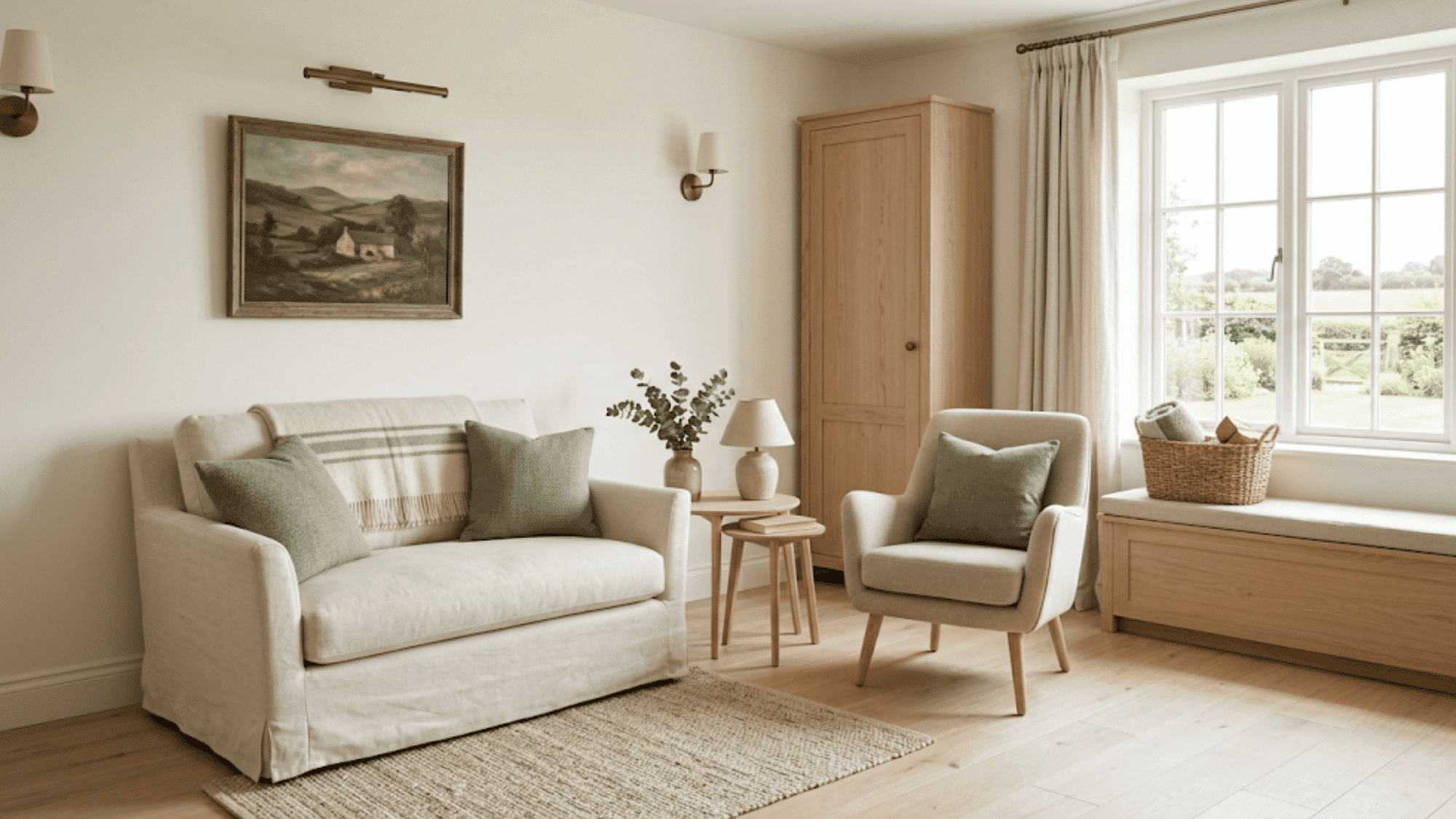 Small farmhouse living room with loveseat, nesting tables, wall lights, storage, and warm wood.