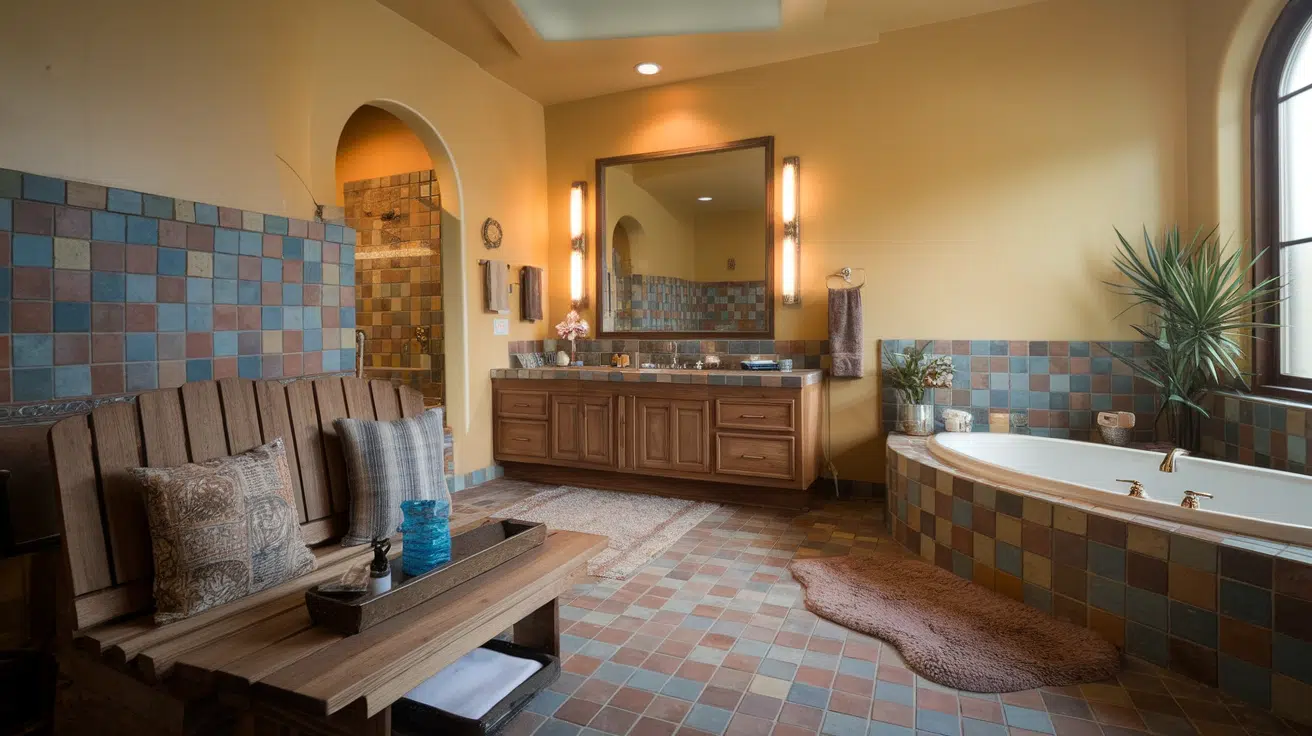 warm bathroom with a wooden bench, colorful tiled walls, bathtub, and potted plant