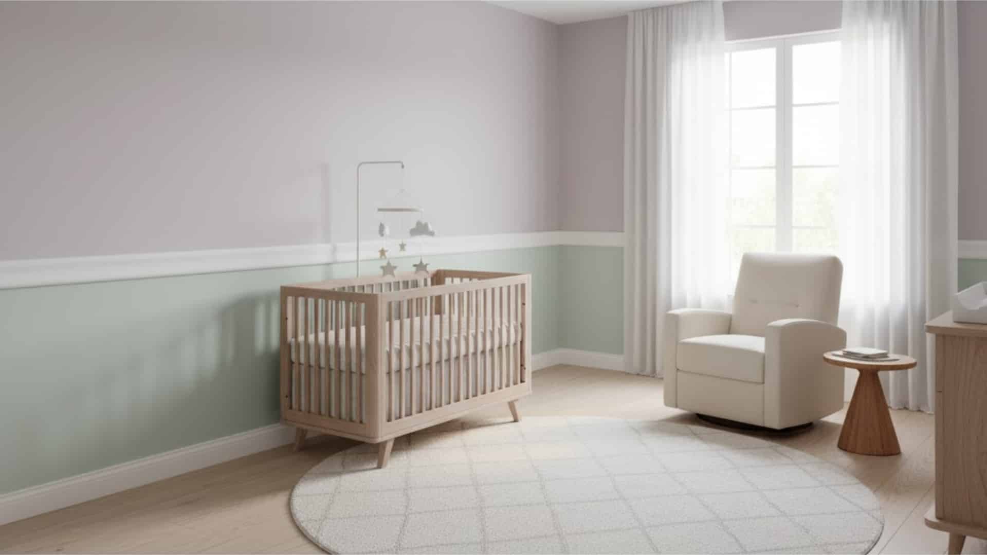 soft pastel nursery with a smooth rounded bullnose chair rail above green walls