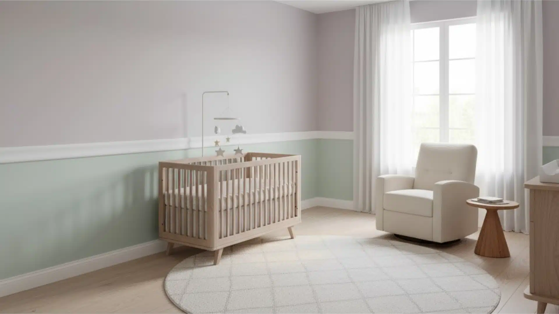 soft pastel nursery with a smooth rounded bullnose chair rail above green walls
