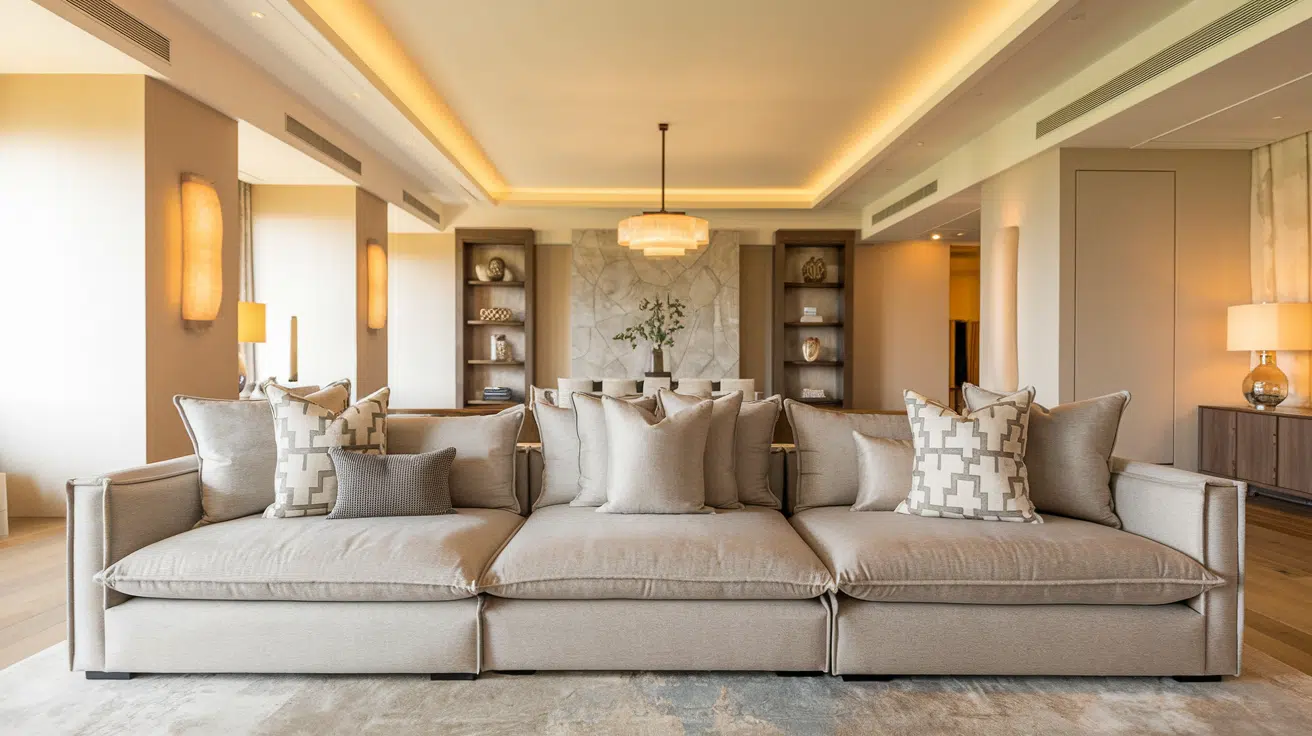 large cream sectional sofa with layered cushions in a bright modern living room