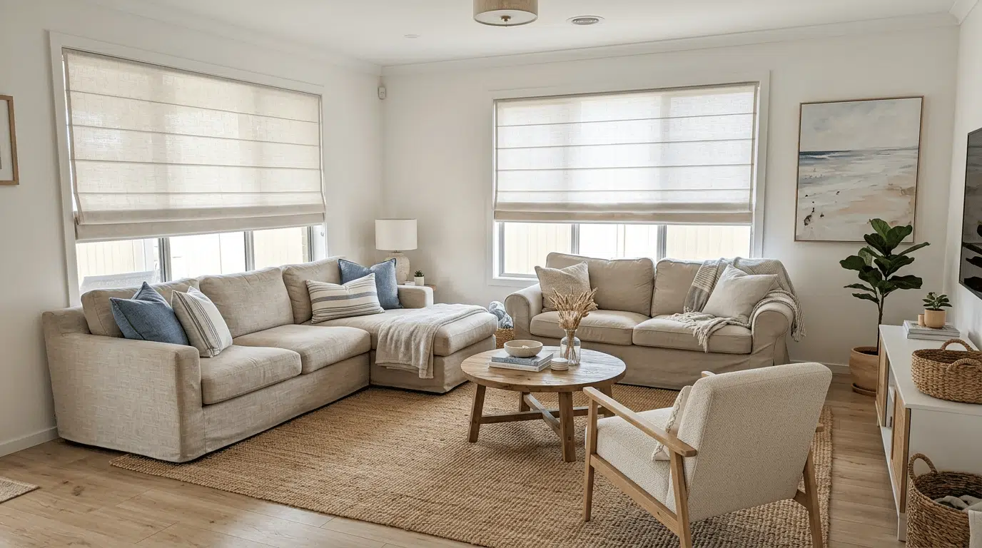 slipcovered sofa and open-frame chair with slim legs in a coastal living room