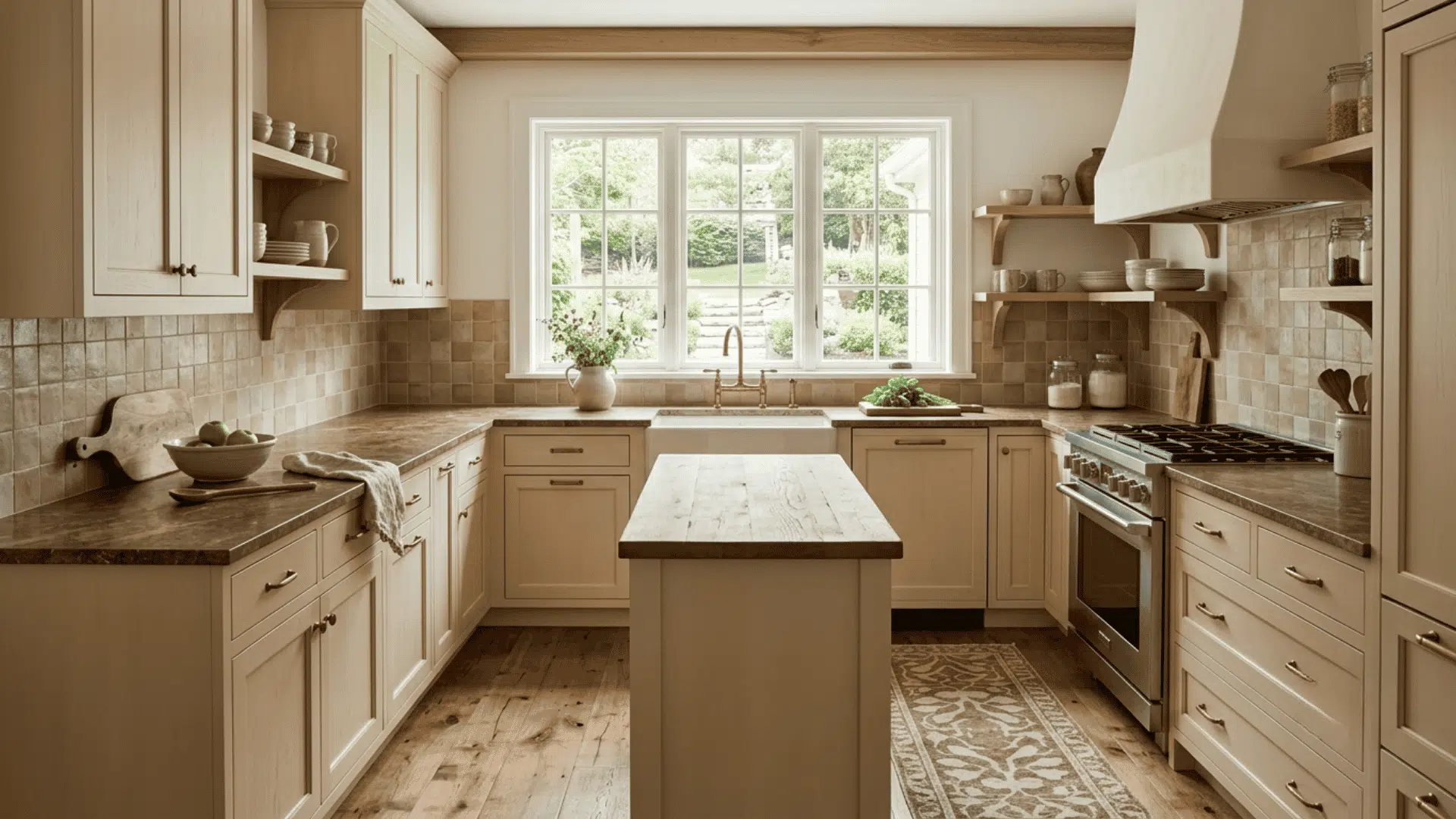 Soft cream cabinets with wood counters in a warm farmhouse kitchen.
