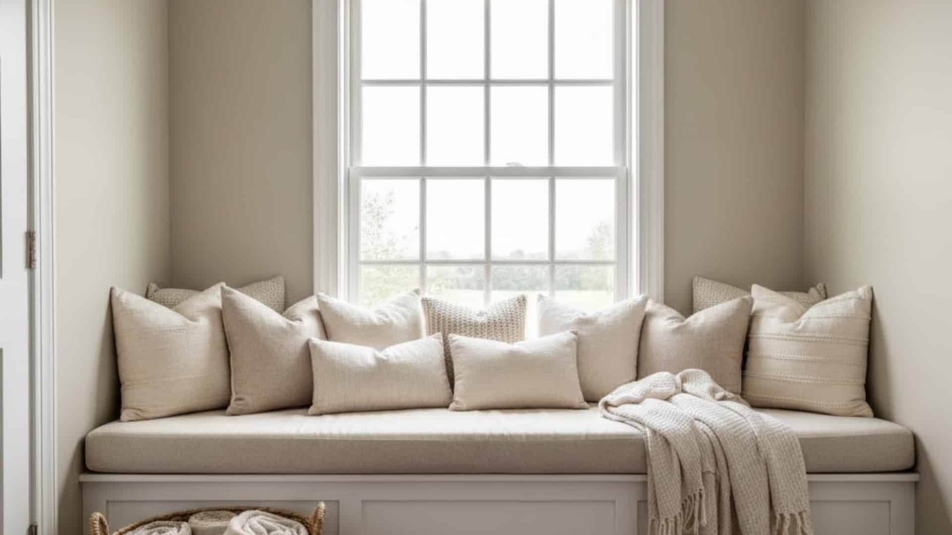 cushioned farmhouse window seat with neutral pillows and a folded throw beneath a large window