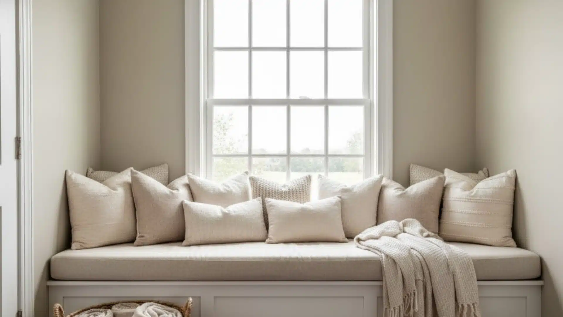 cushioned farmhouse window seat with neutral pillows and a folded throw beneath a large window
