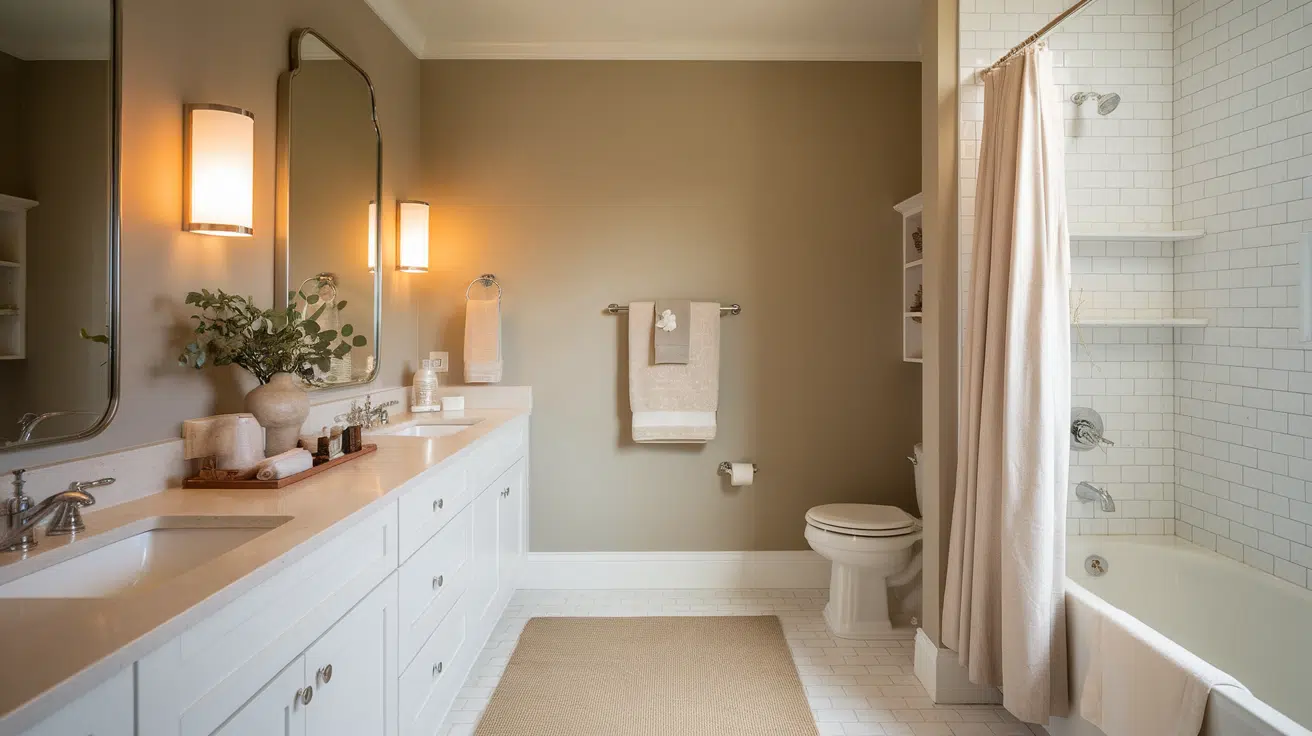 bathroom in soft beige and white tones with a long vanity, shower, and warm lighting
