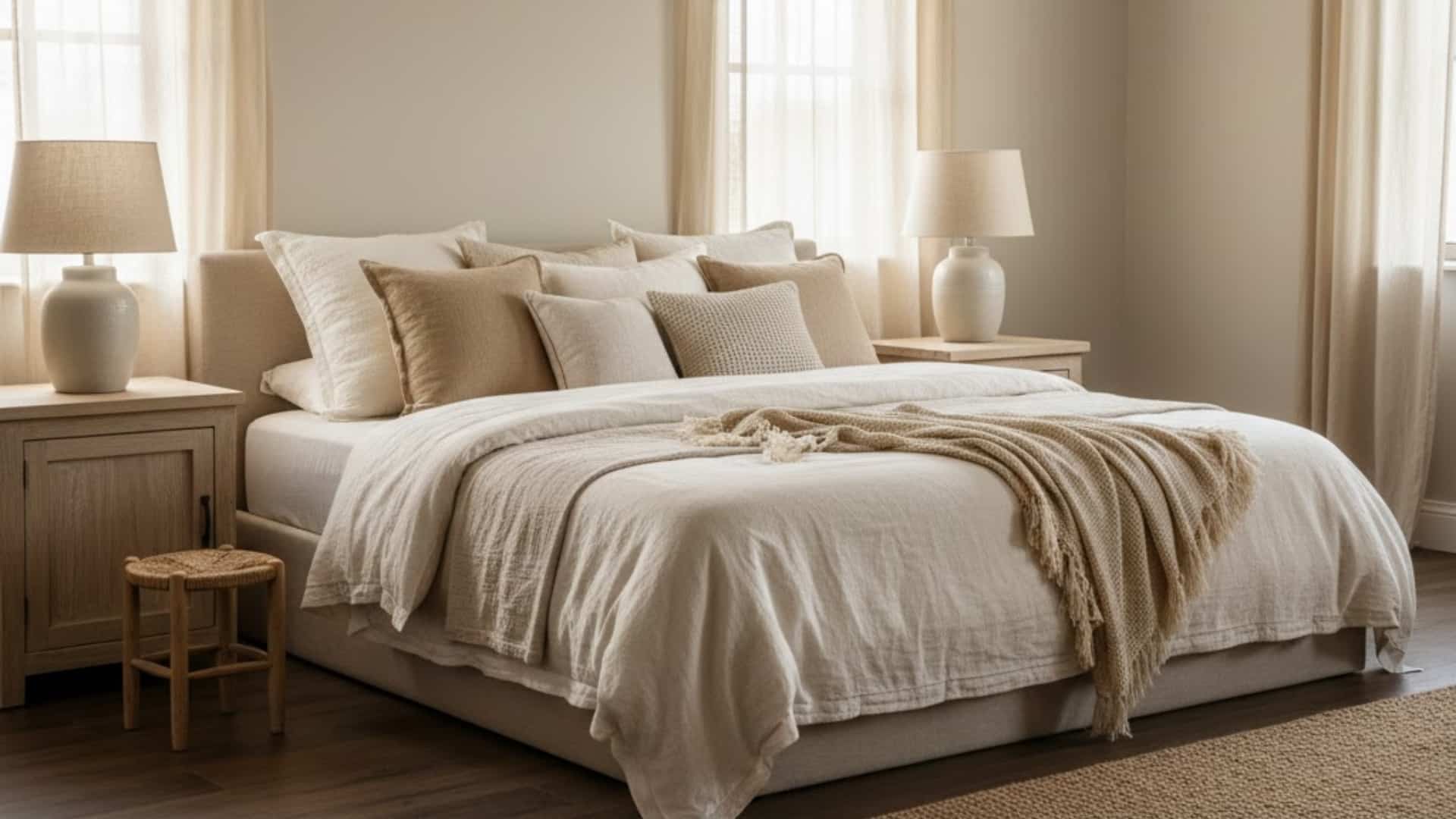 soft neutral farmhouse bedroom with layered bedding, wooden nightstands, and warm lamps