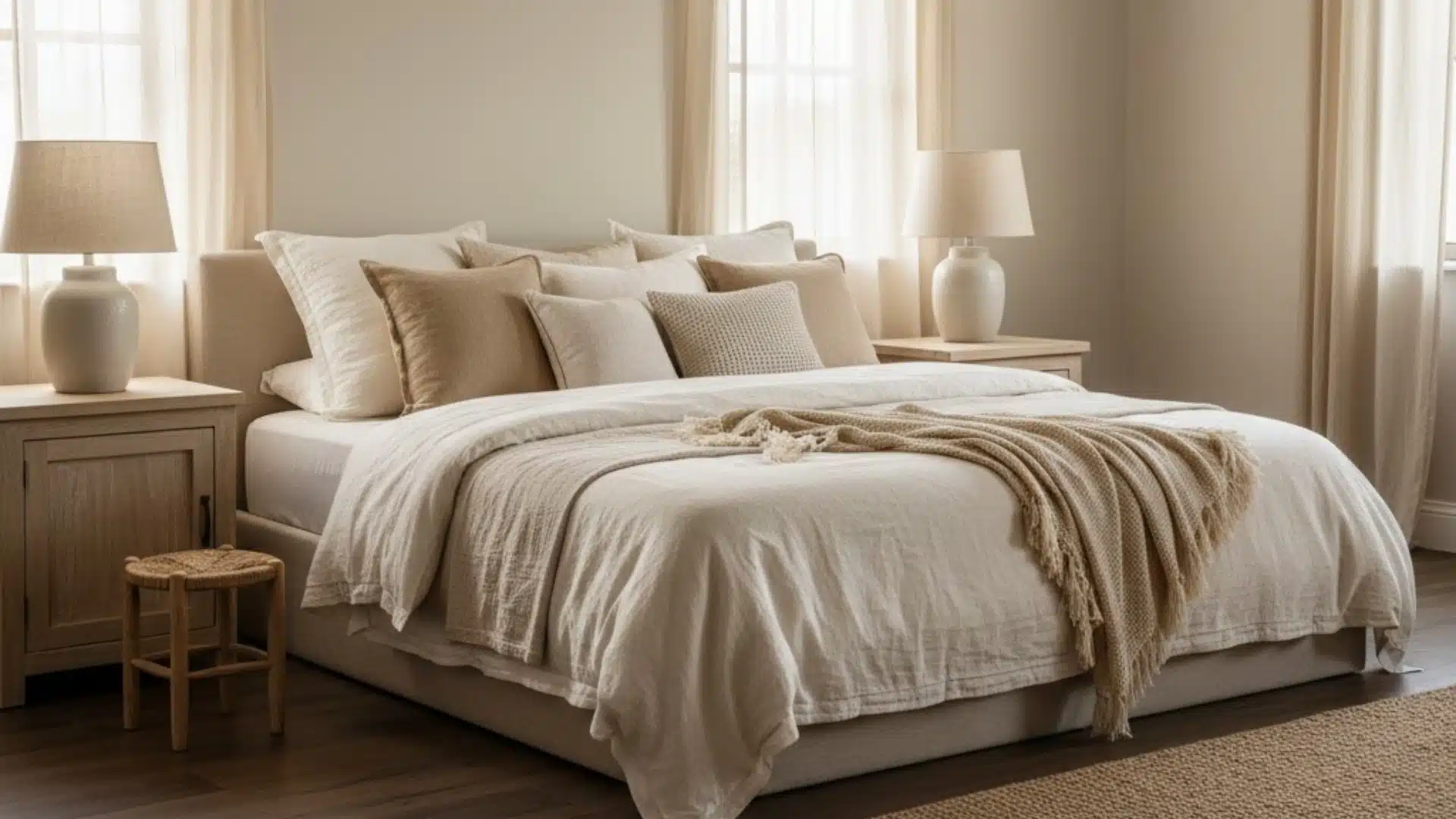 soft neutral farmhouse bedroom with layered bedding, wooden nightstands, and warm lamps