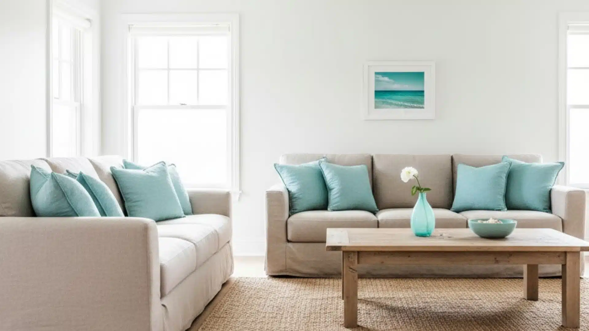 neutral coastal living room with soft turquoise cushions and glass decor