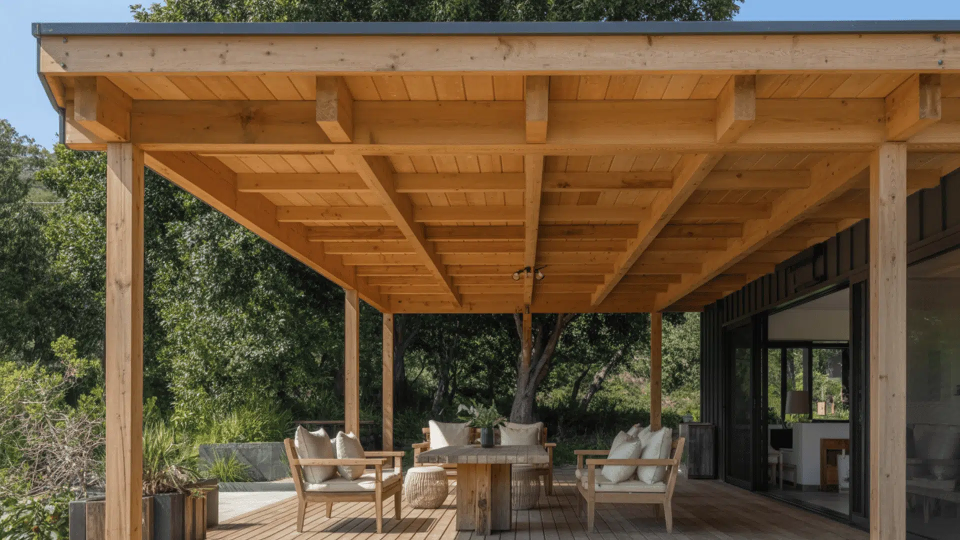 covered wooden deck with a solid timber roof extension and outdoor seating beside a modern home.