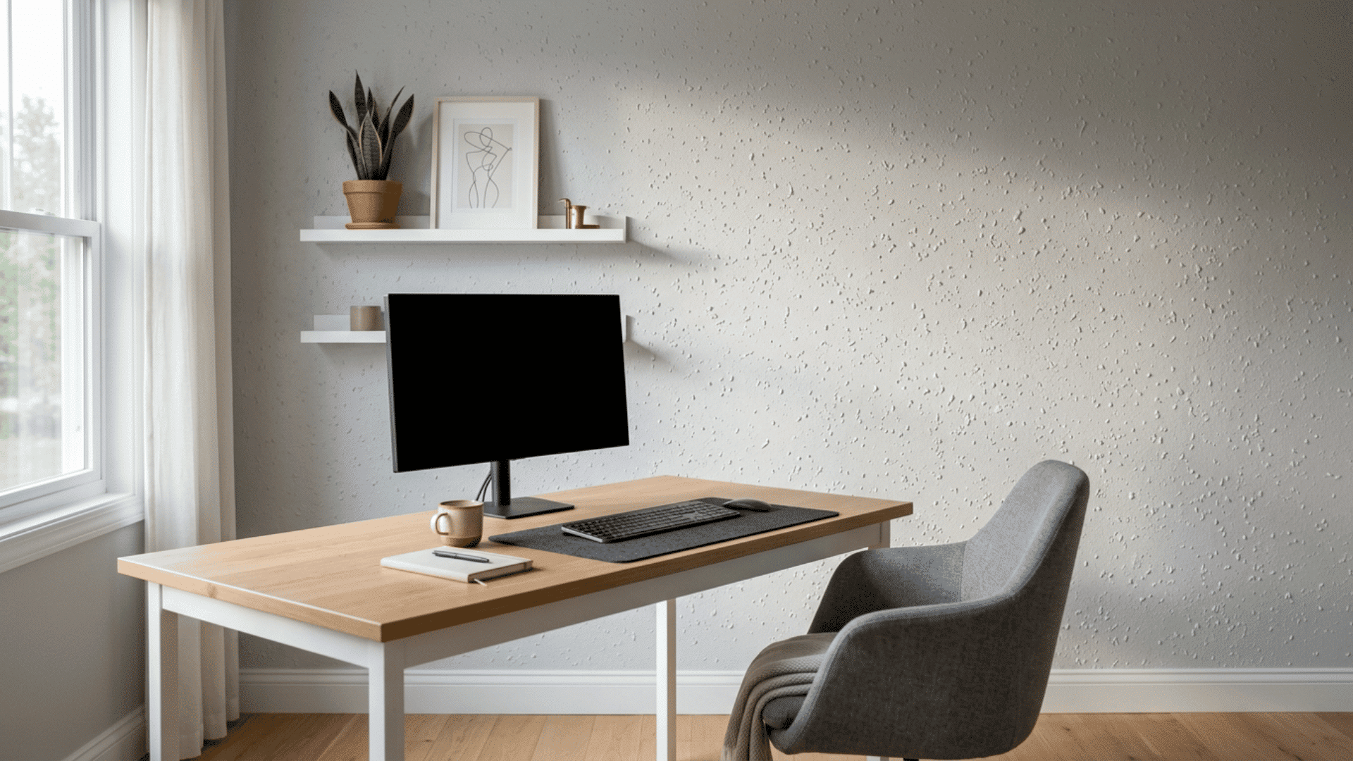 Home office wall with raised spatter texture finish