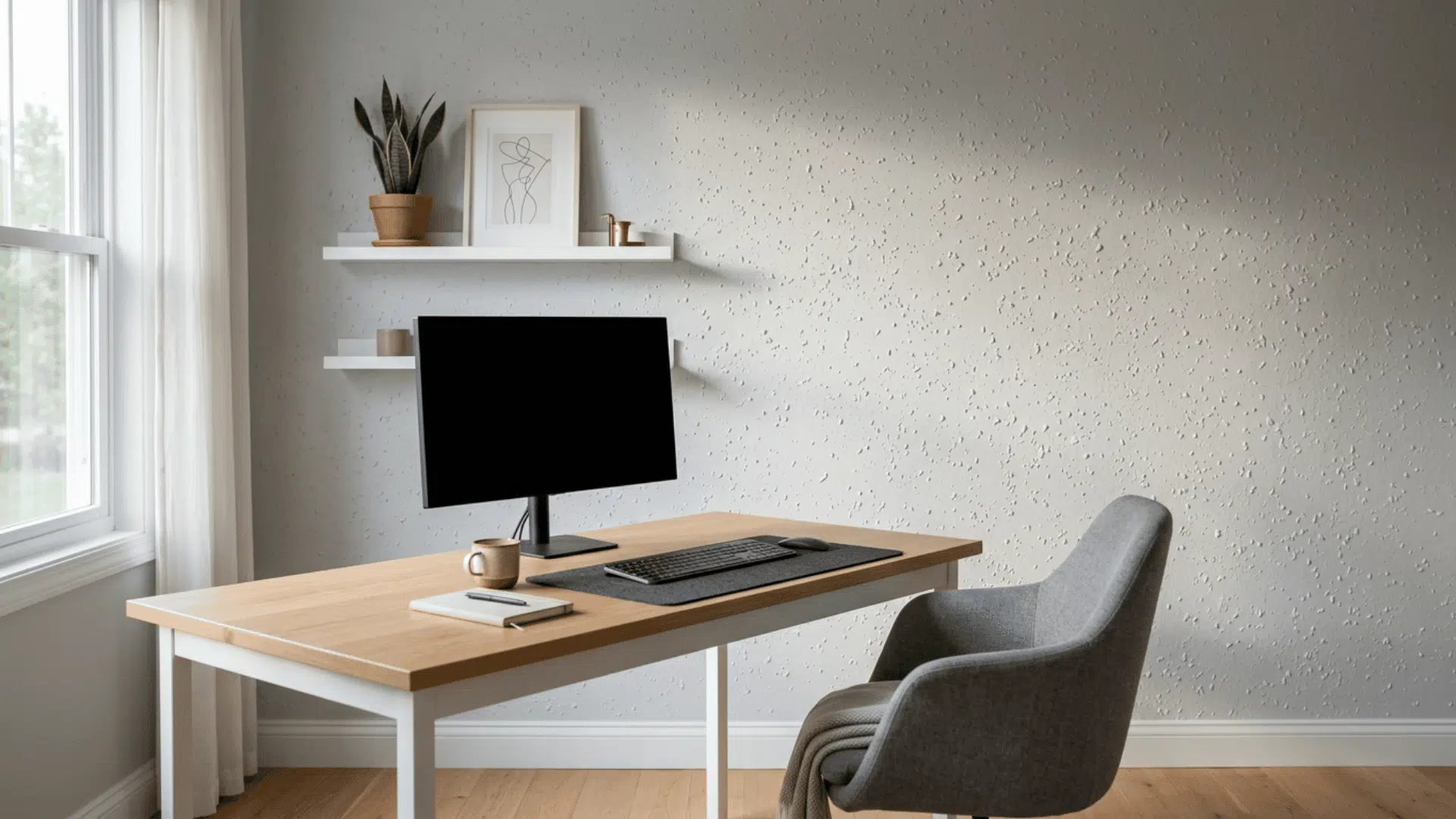 Home office wall with raised spatter texture finish