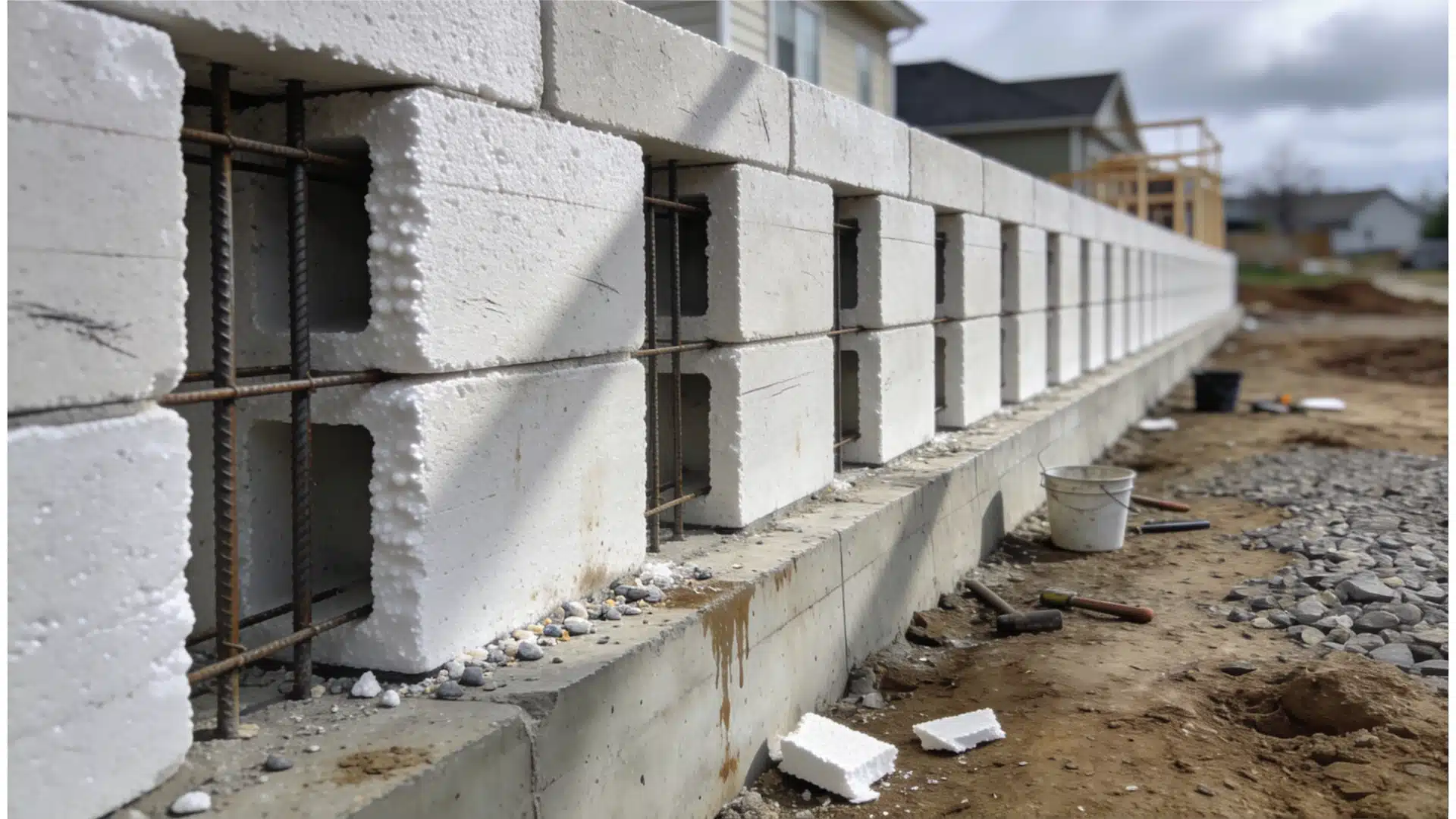 stacked foam insulated concrete forms along a house foundation