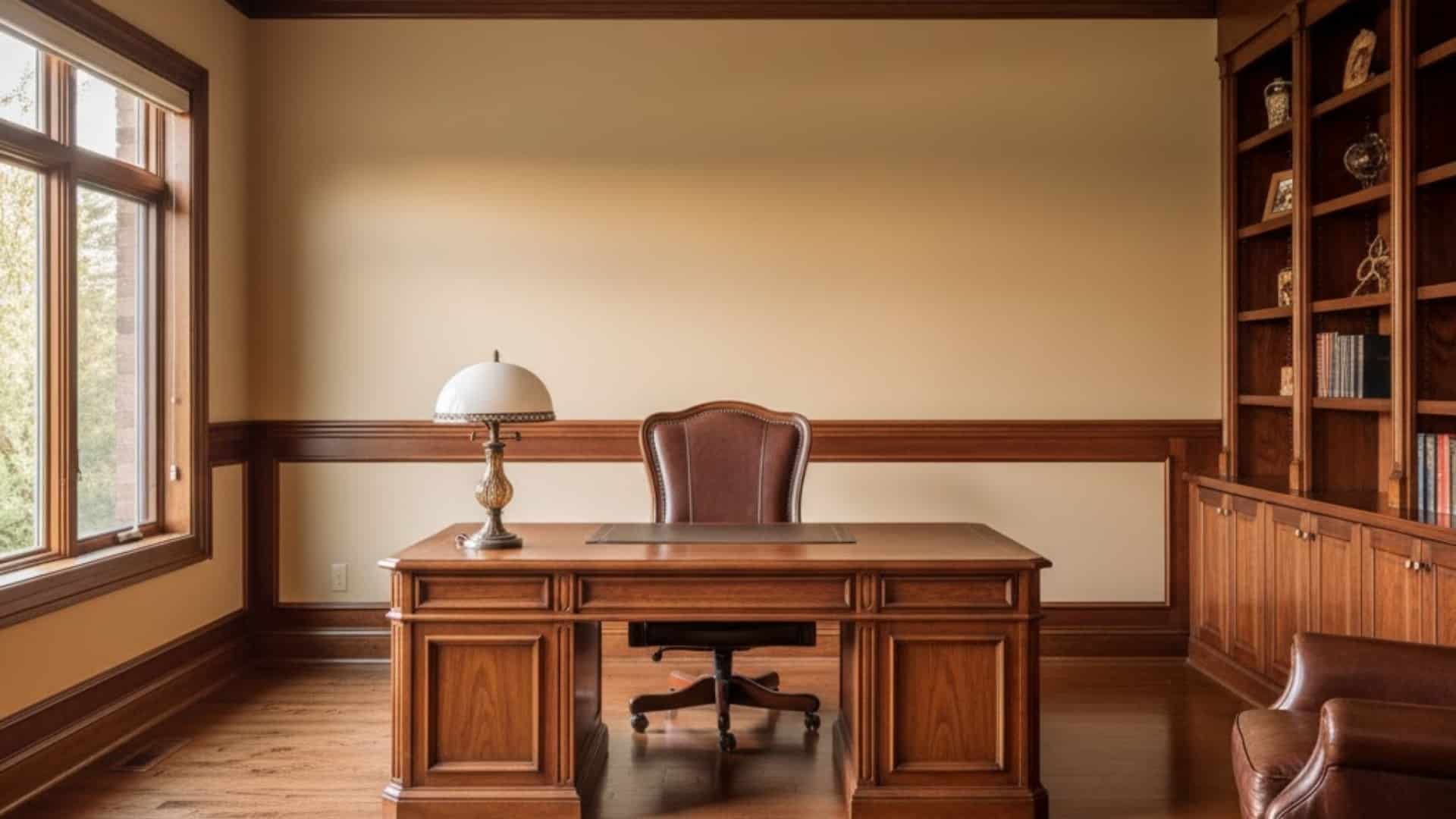 traditional home office with stained mahogany chair rail and built-in wood shelves