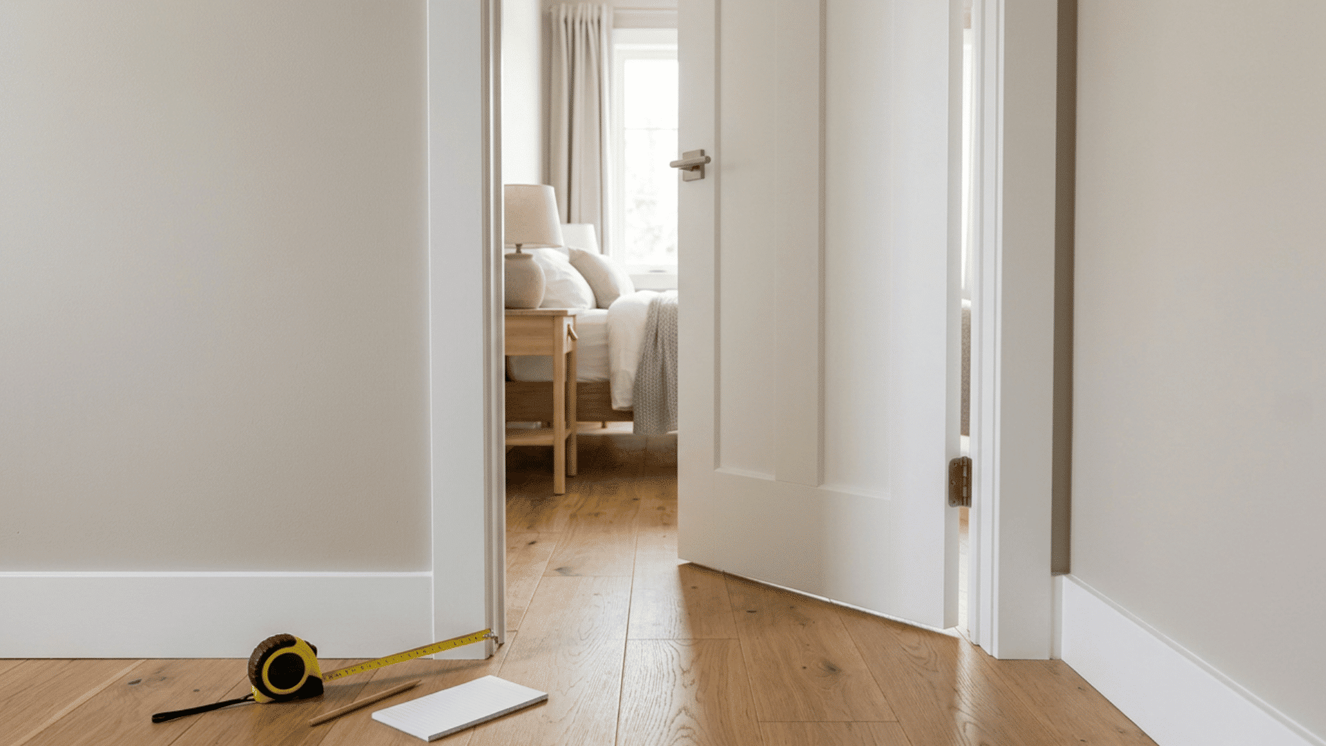 Bedroom doorway with tape measure, pencil, and notepad