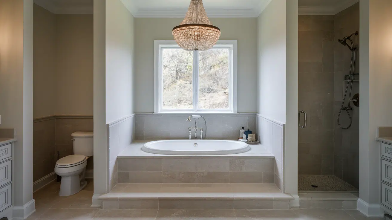 elegant bathroom with a statement chandelier above a raised bathtub near a window