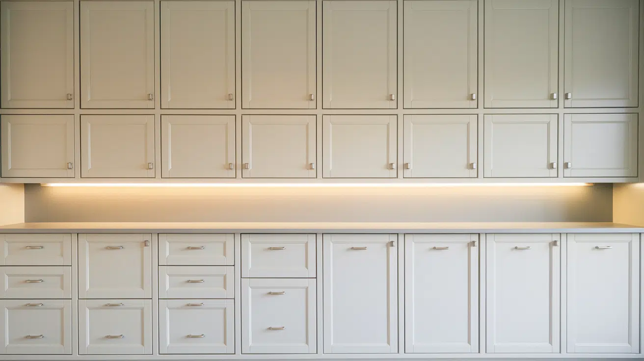 floor-to-ceiling white storage cabinets with drawers and warm under-cabinet lighting