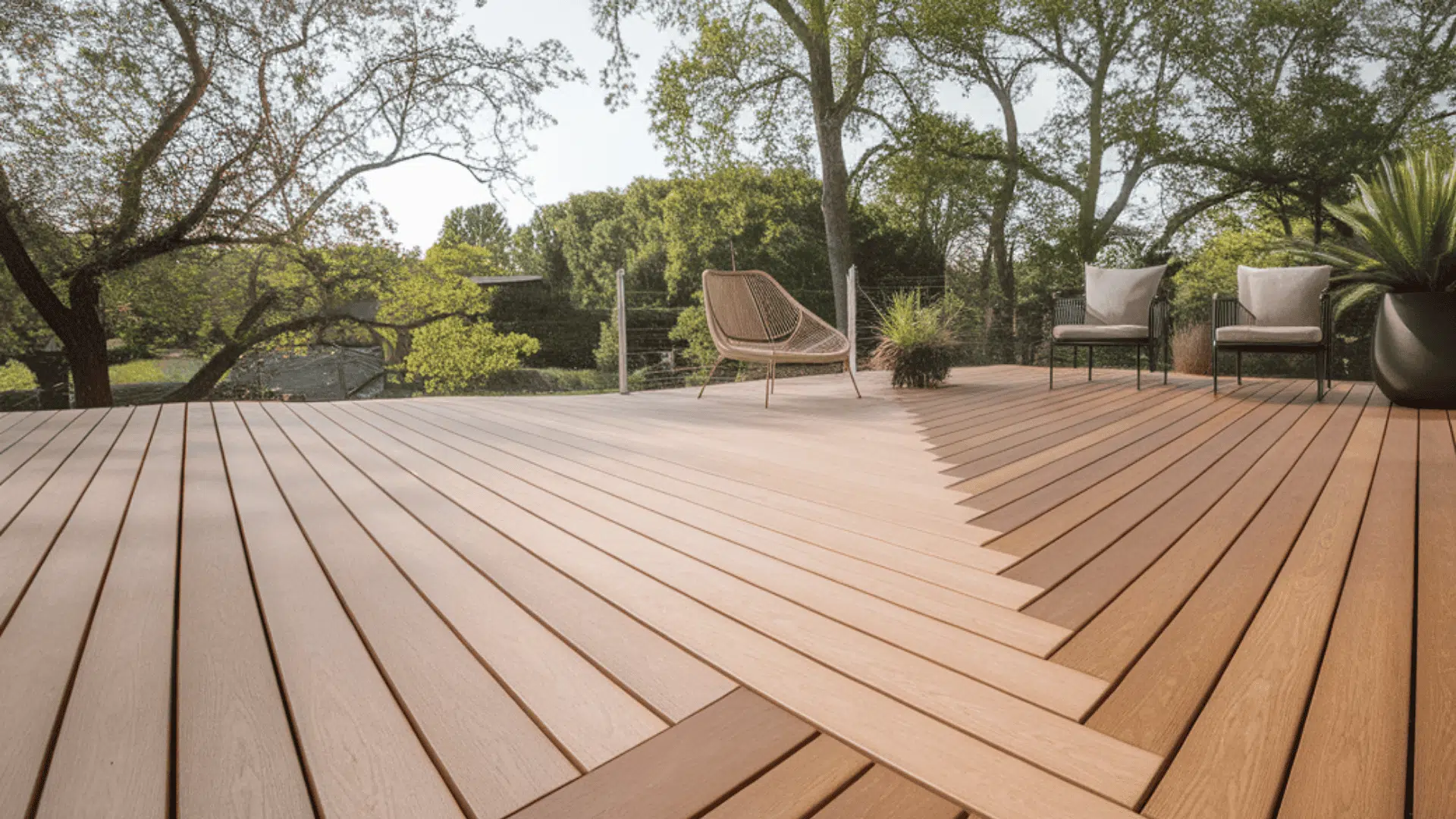 straight-line wooden deck layout with parallel boards creates a clean and spacious outdoor design.