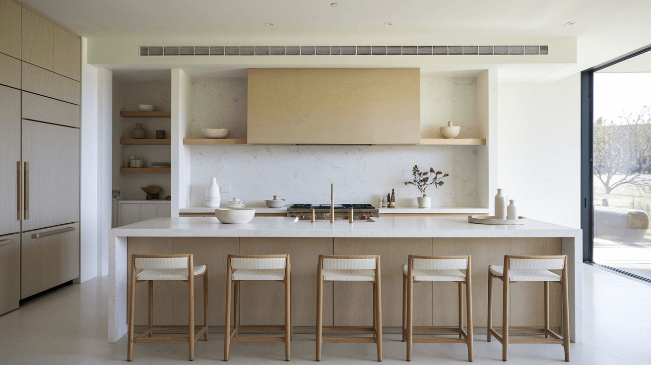 streamlined kitchen with a concealed vent hood, white island, and four wooden bar stools