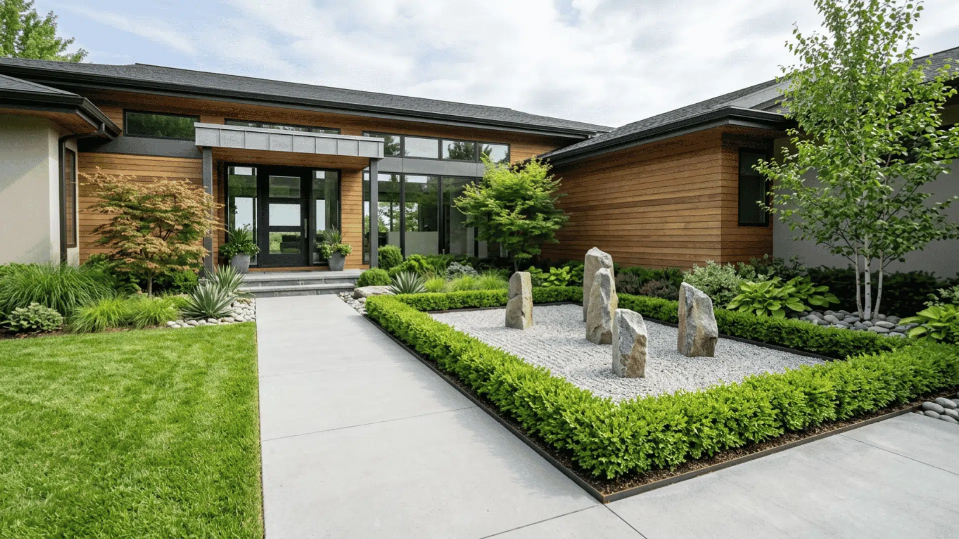 modern home and concrete path border upright stones, raked gravel and low shrubs