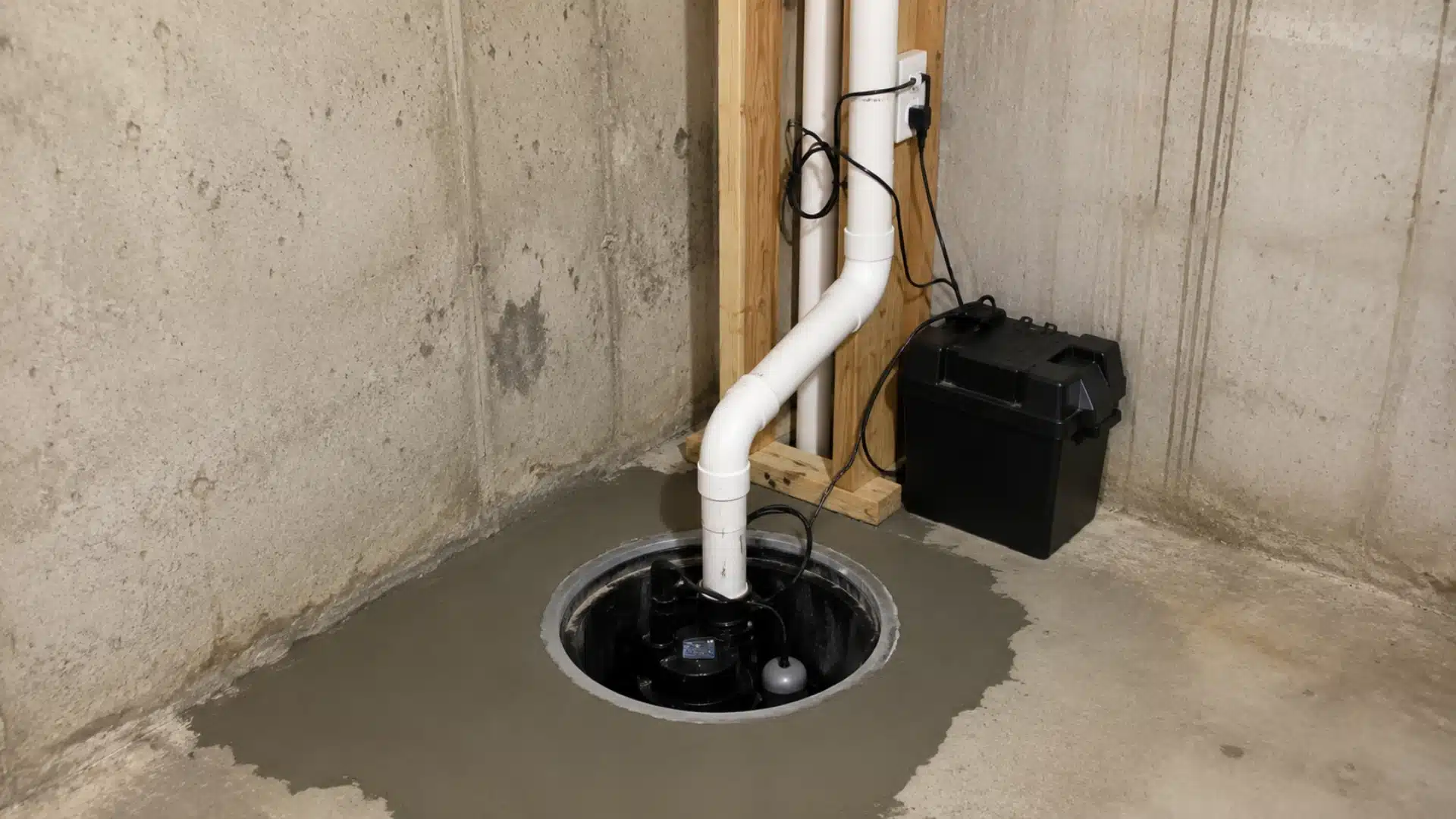 Sump pump system in a crawl space with basin, discharge pipe, battery backup, and vapor barrier.