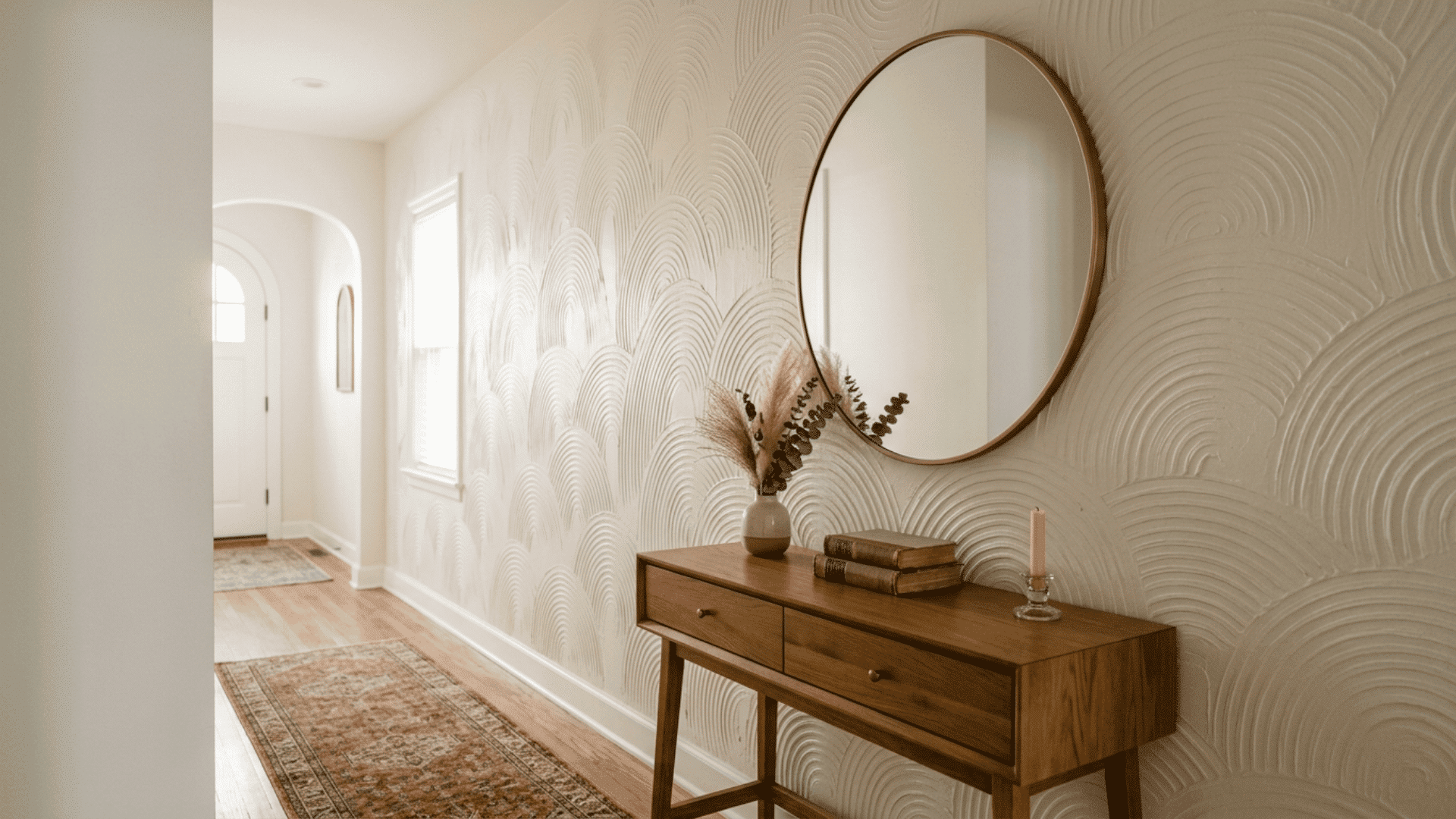 Hallway wall with curved swirl texture pattern