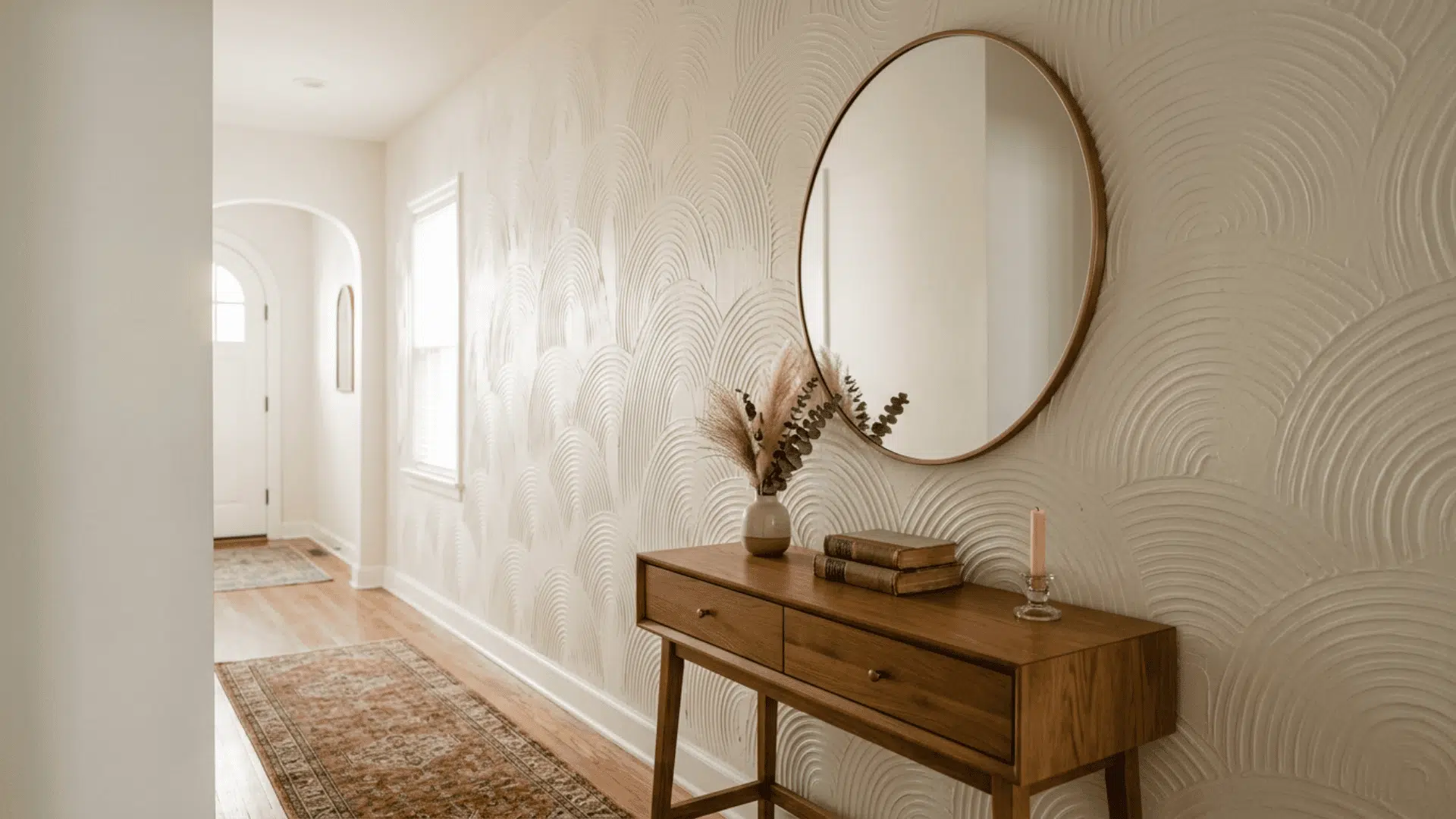 Hallway wall with curved swirl texture pattern