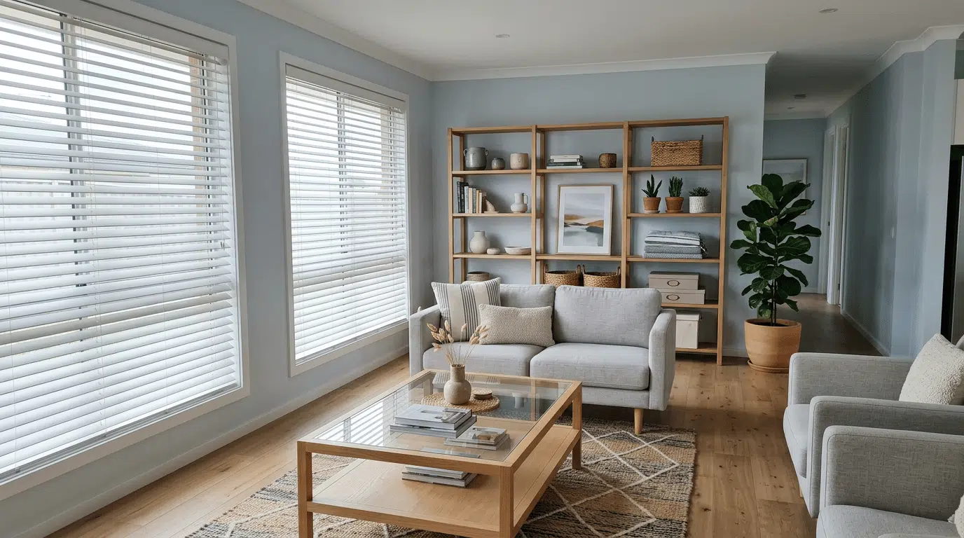 slipcovered sofa and open-frame chair with slim legs in a coastal living room