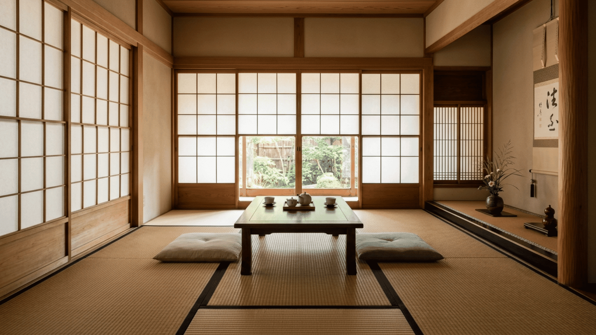 traditional tatami room with shoji screens, low tea table, and floor cushions