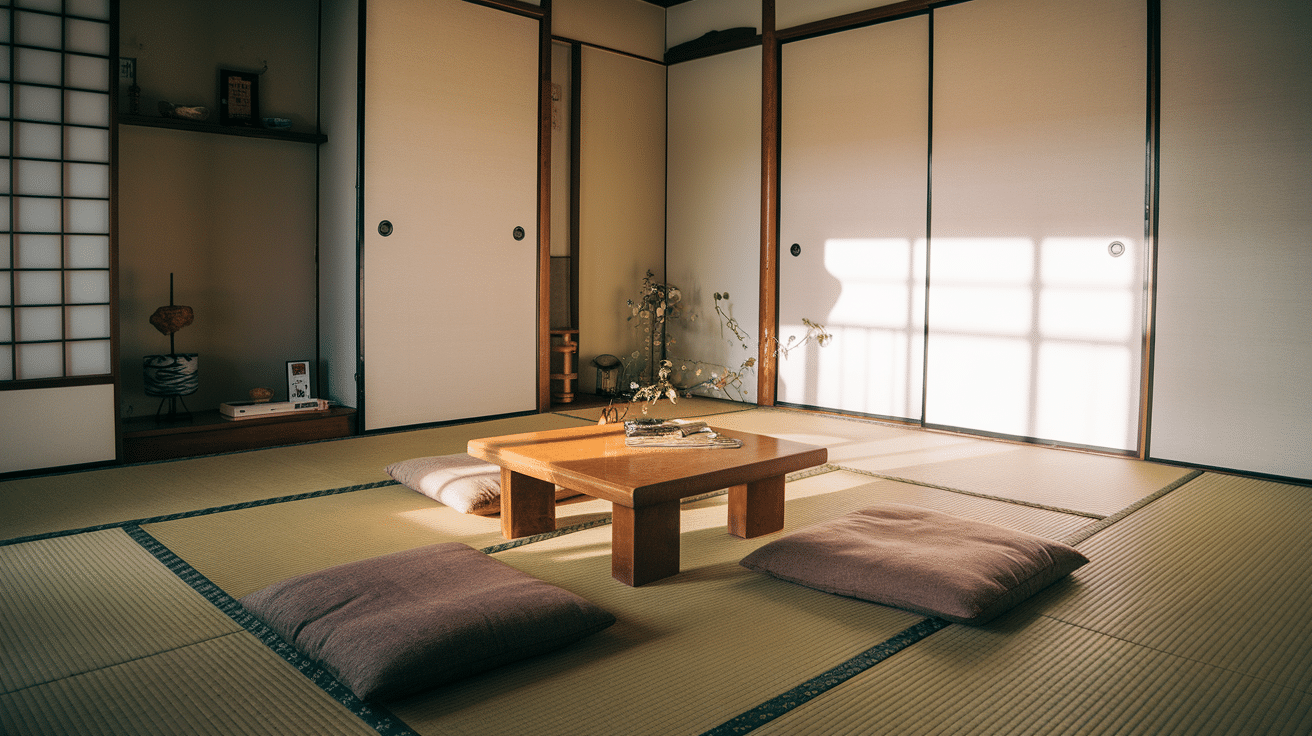 japanese tatami room with low wooden table and floor cushions creating a calm, open living space.