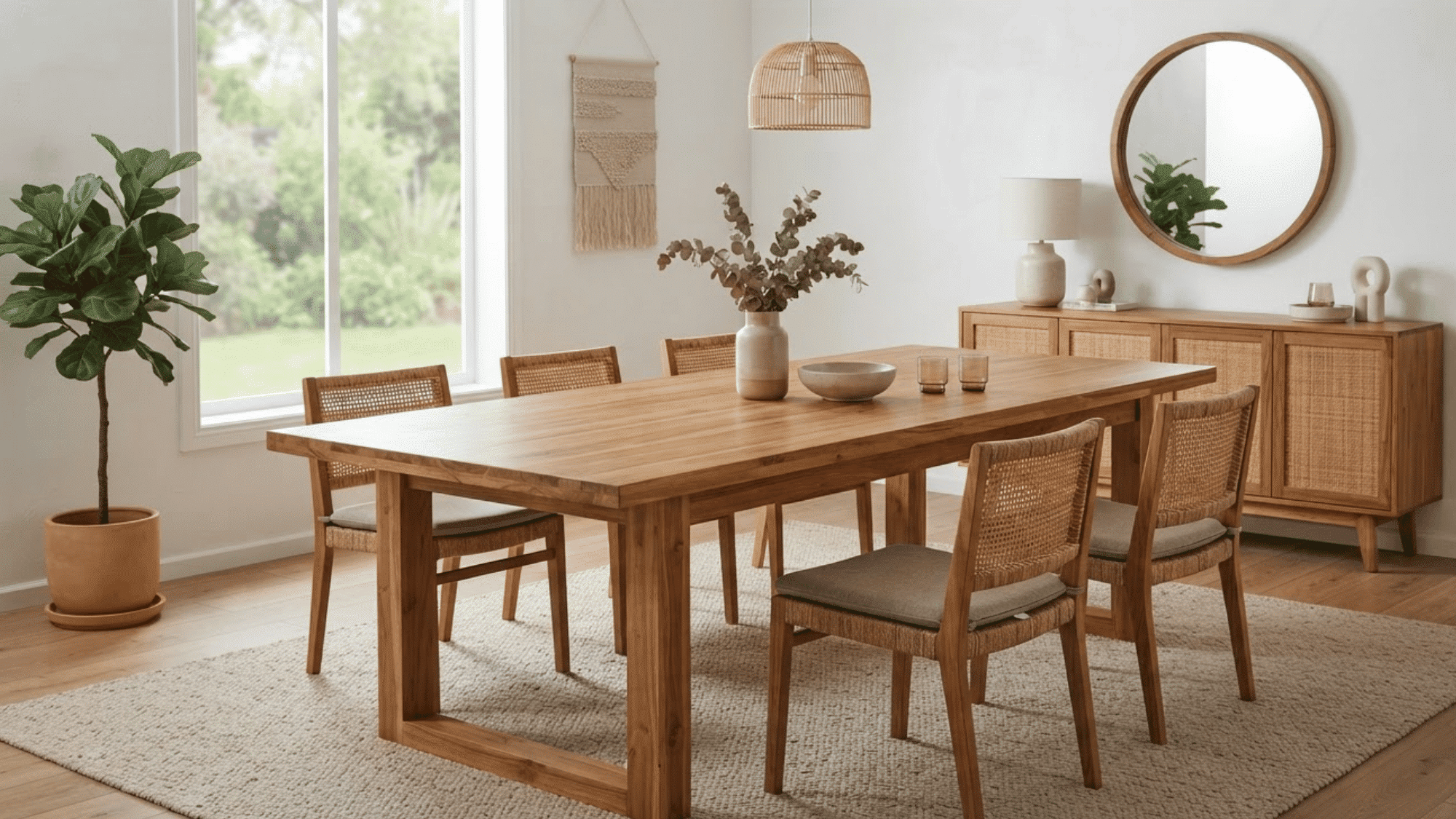 Golden teak furniture with straight grain standing out in a clean indoor-outdoor room setting
