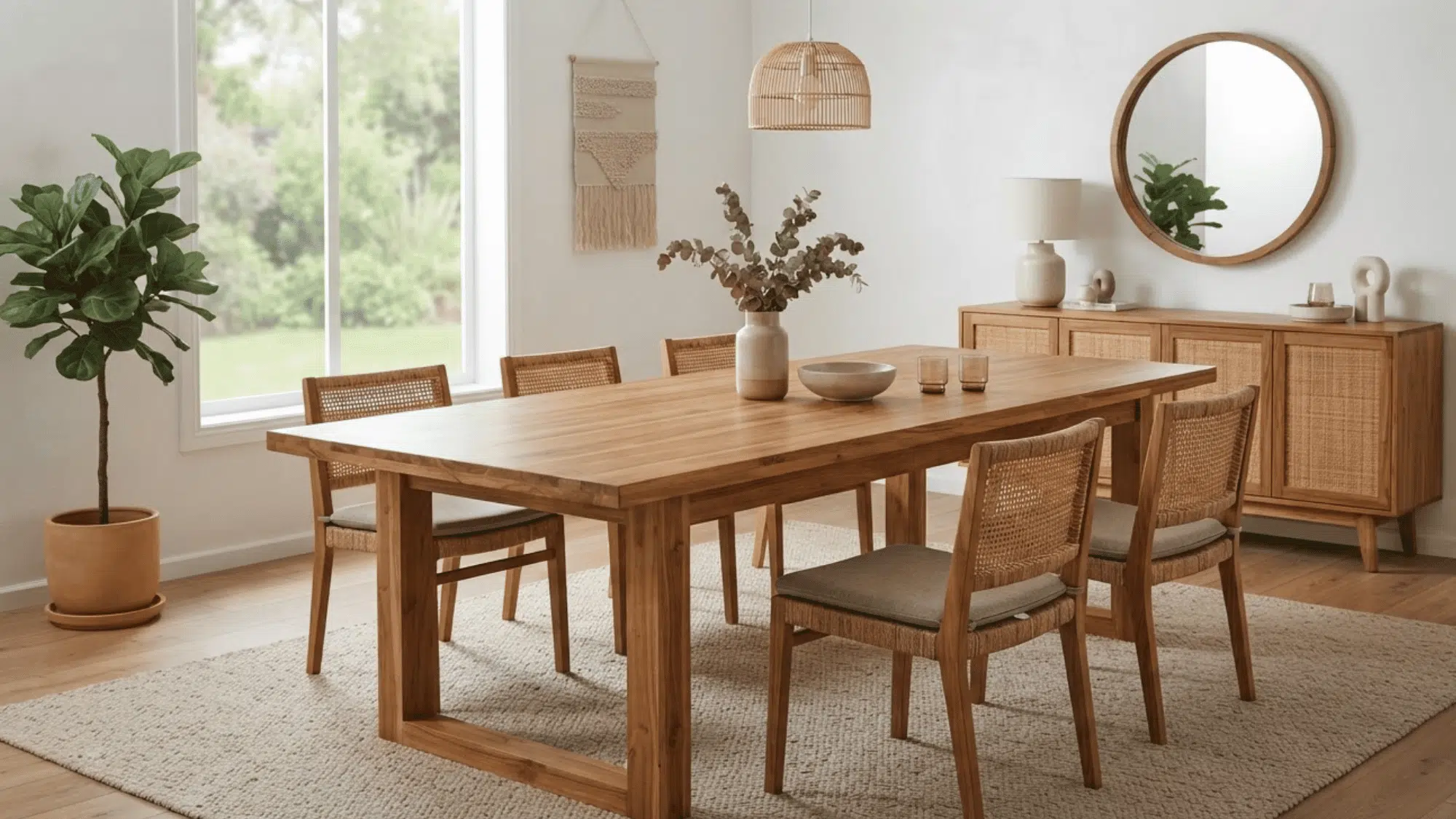 Golden teak furniture with straight grain standing out in a clean indoor-outdoor room setting