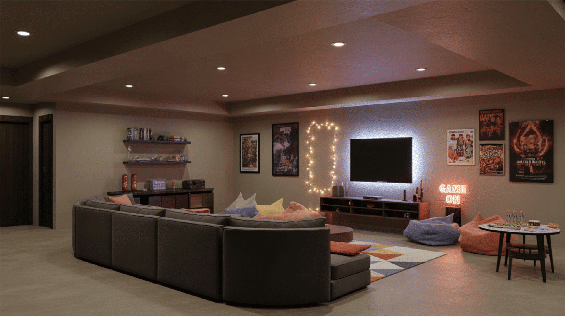 teen basement lounge with a sectional sofa, television, snack bar, posters, and games