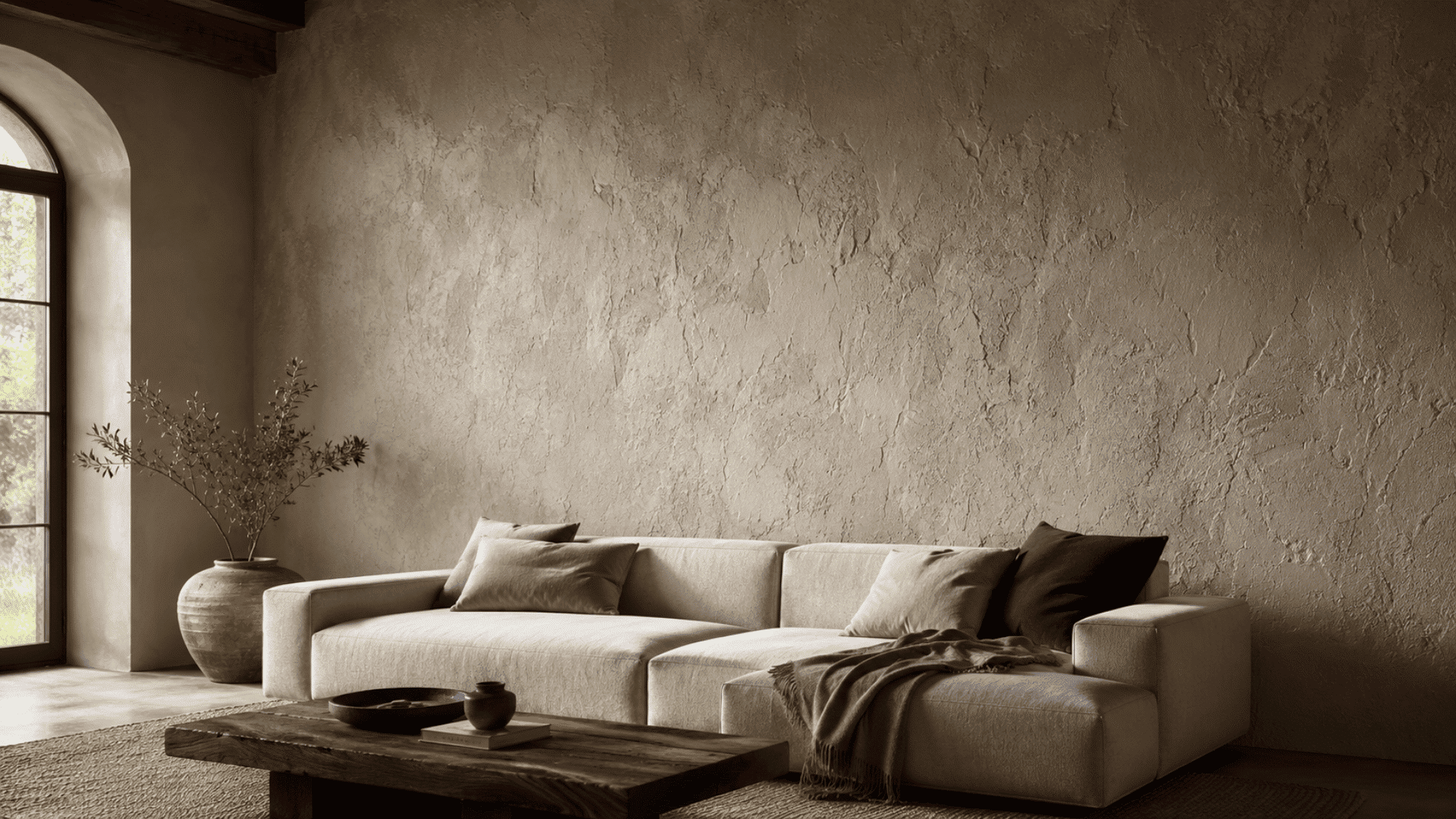 Modern living room with a warm plaster-textured feature wall and neutral furniture