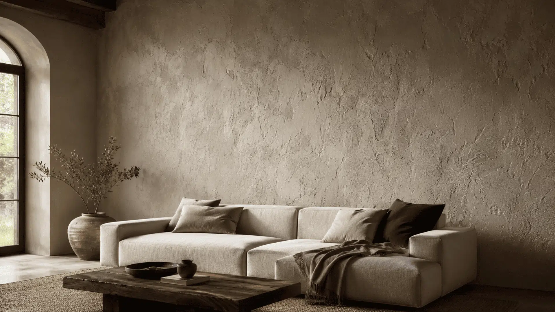 Modern living room with a warm plaster-textured feature wall and neutral furniture