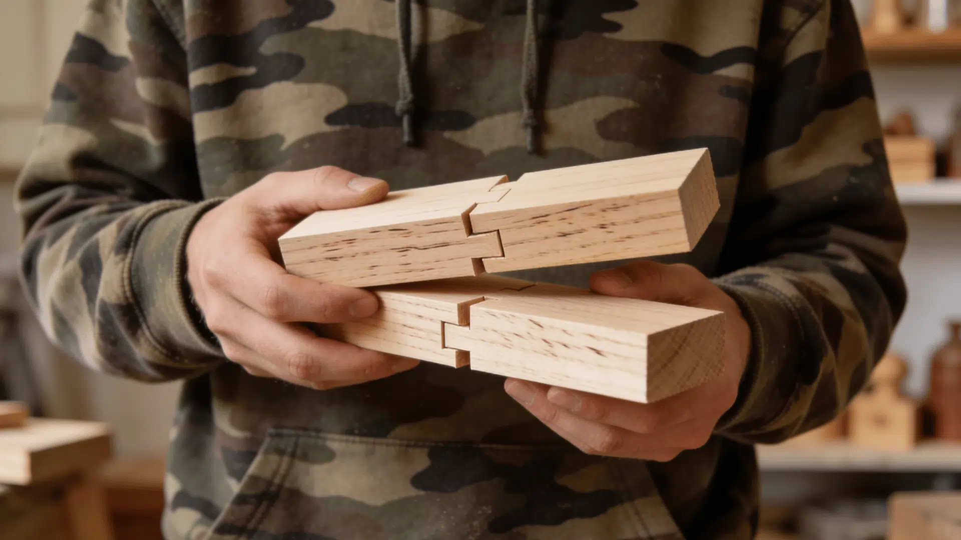 Hands holding unfinished wooden pieces with dovetail joints.
