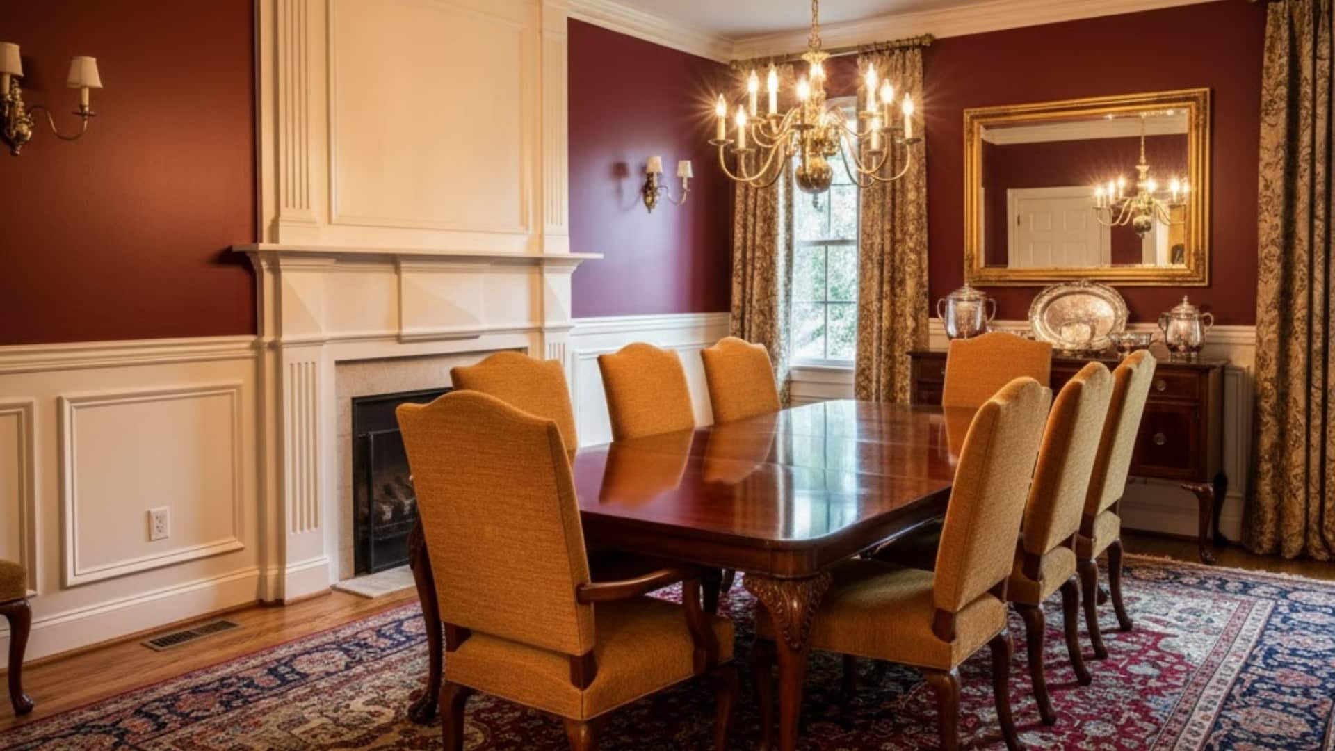 formal dining room with stepped colonial chair rail and white paneled walls