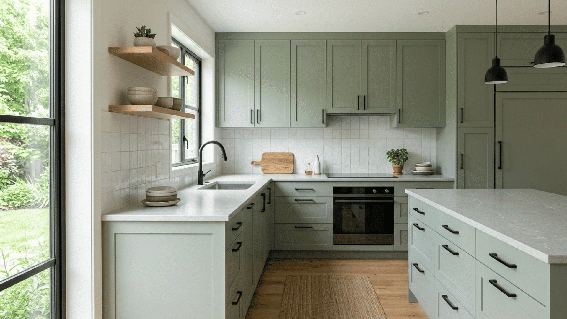 Sage green kitchen with matte black handles and pendant lights