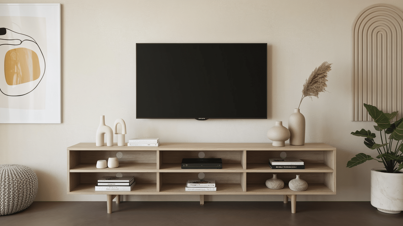 wooden tv stand beneath a wall-mounted television in a modern living room