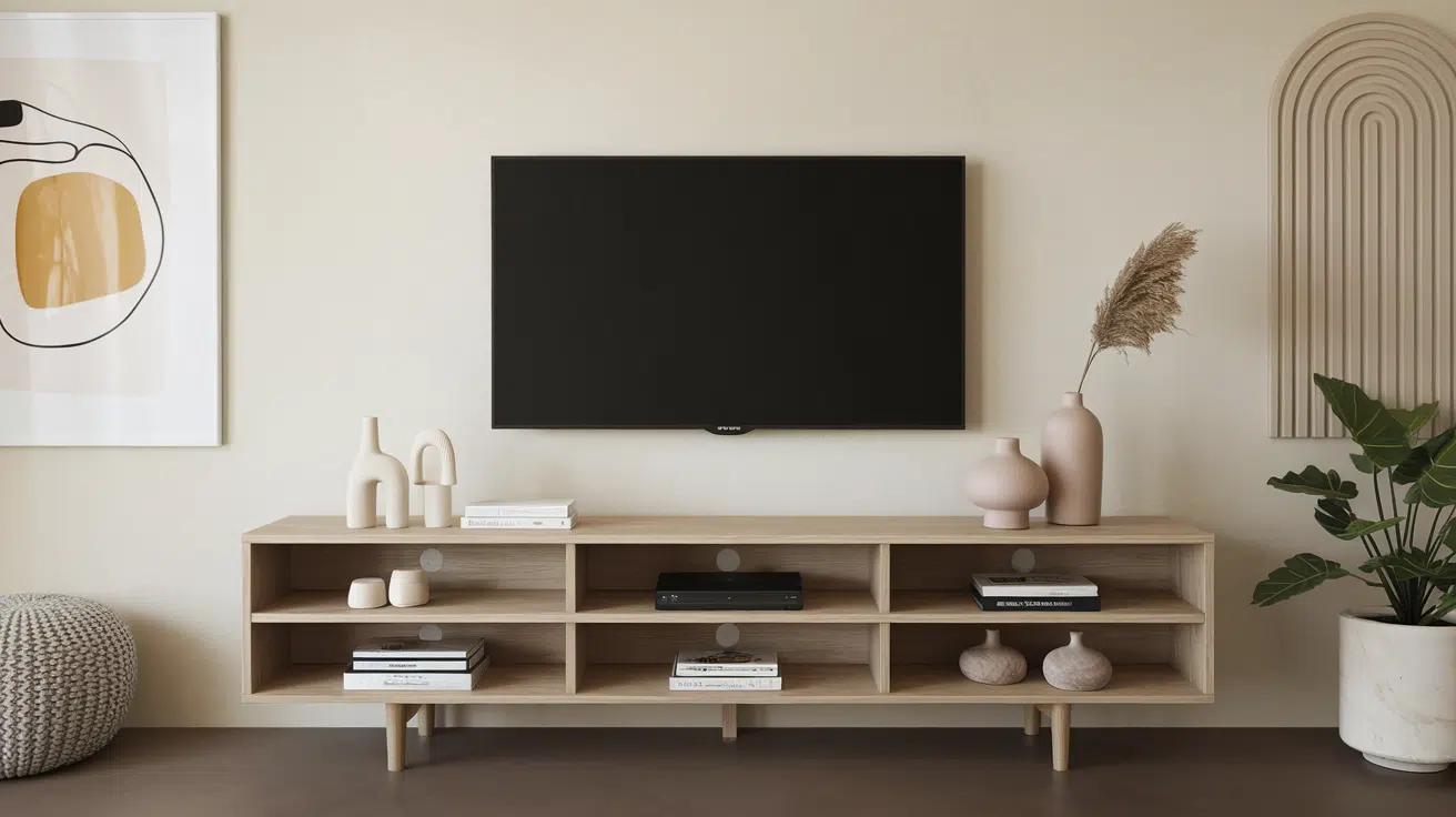 wooden tv stand beneath a wall-mounted television in a modern living room