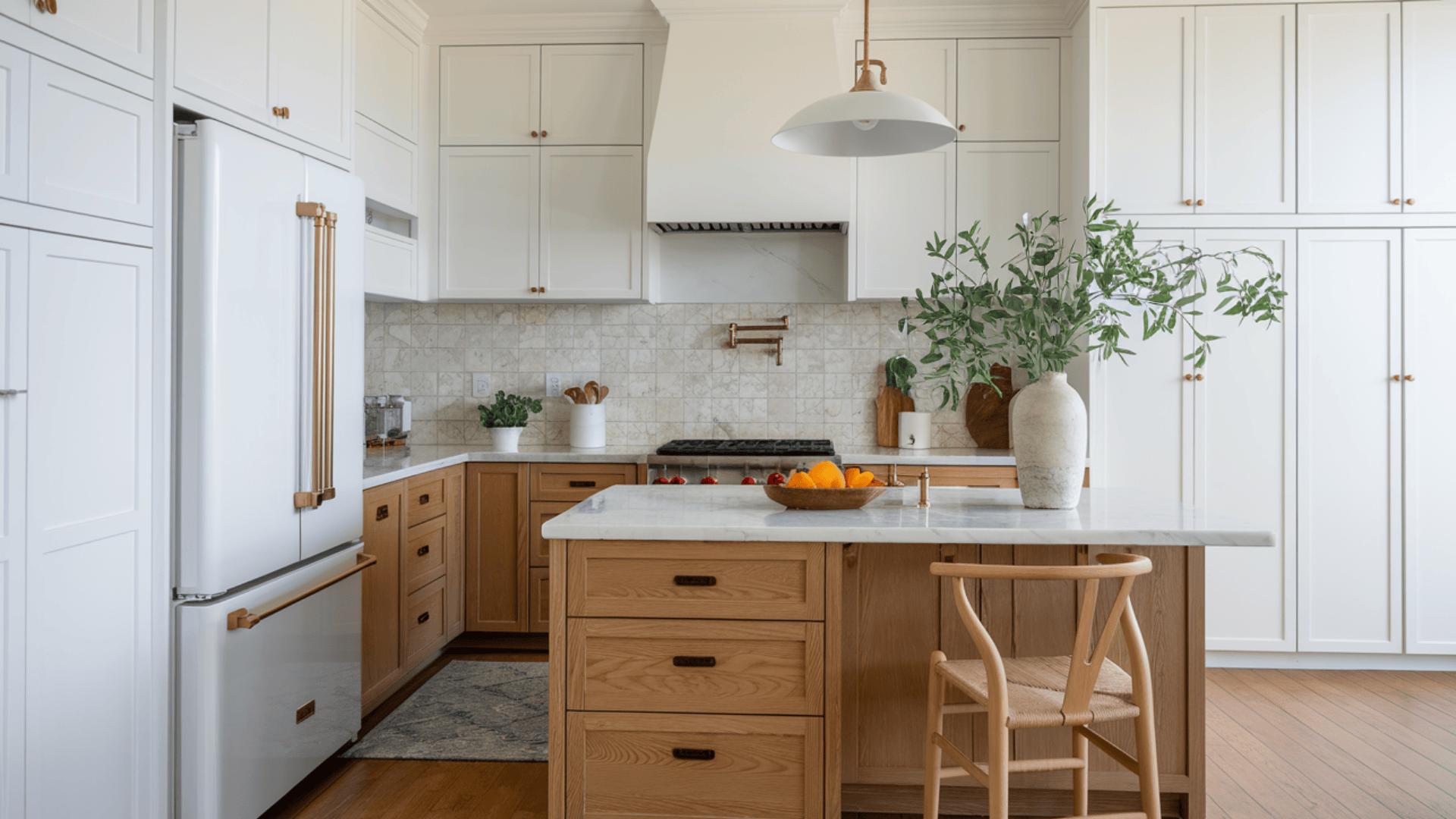 classic white kitchen with a natural wood island, pendant light, and marble backsplash