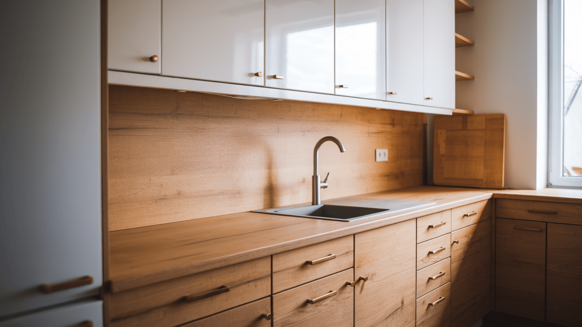 white kitchen with navy lower cabinets, glass-front uppers, and brass drawer pulls