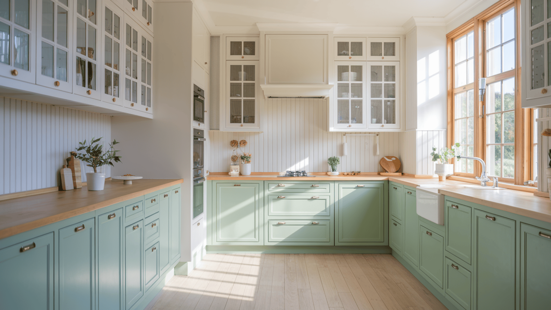 sunlit small kitchen with pale green lower cabinets, white uppers, and large windows
