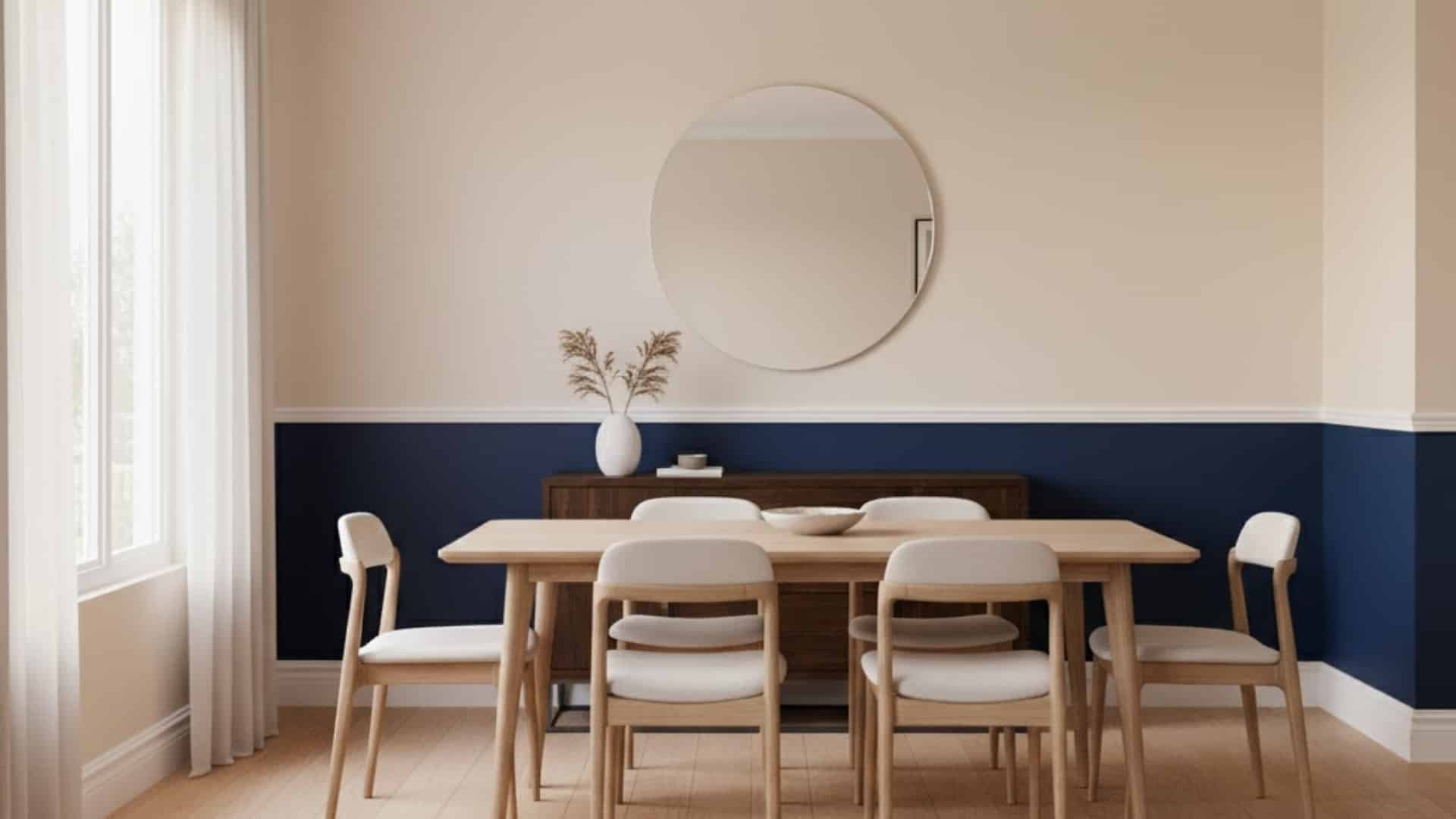 bright dining area with a chair rail dividing white and navy blue wall colors