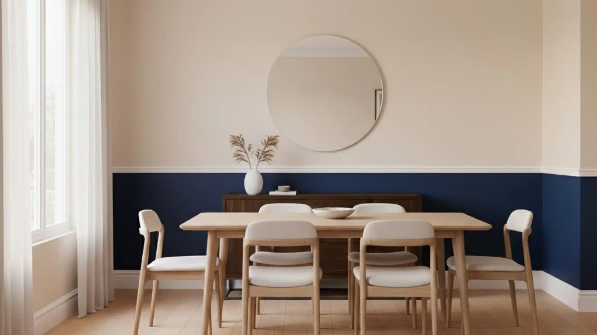 bright dining area with a chair rail dividing white and navy blue wall colors
