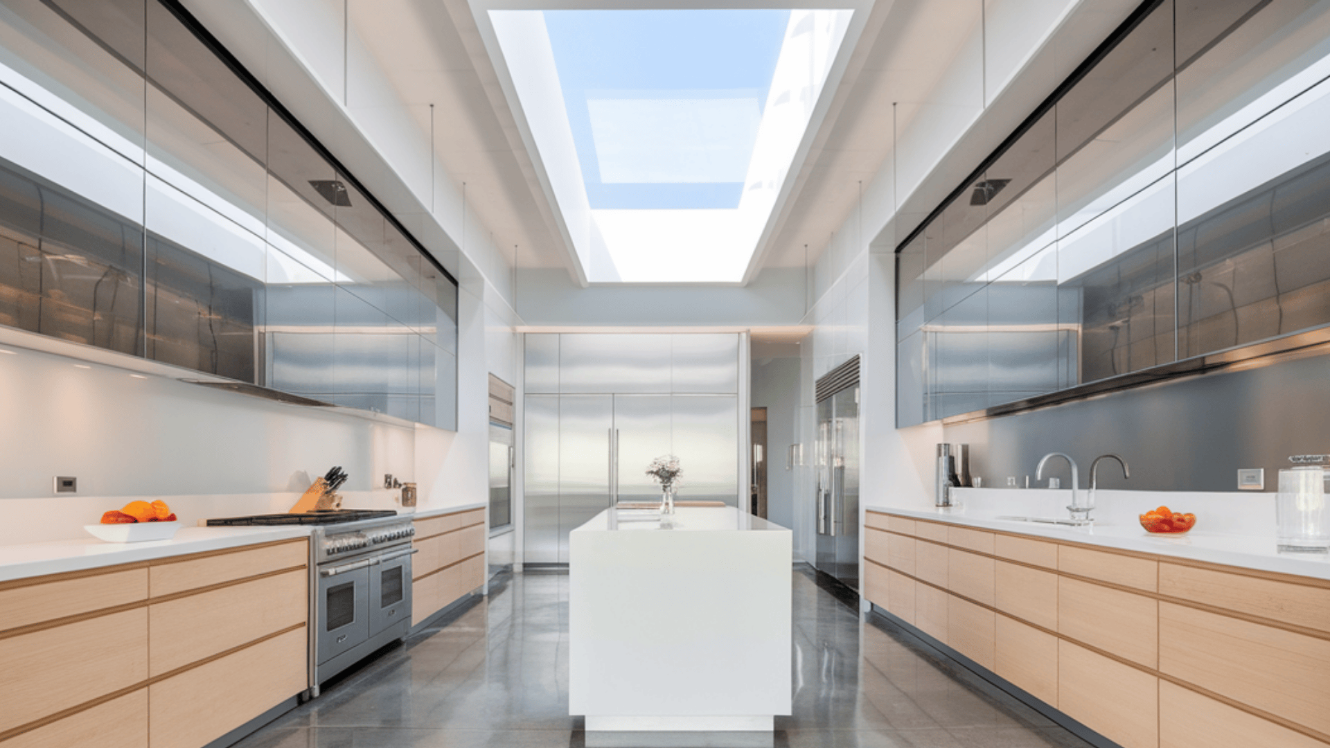 bright white kitchen with a navy island, wine storage, and warm wood flooring