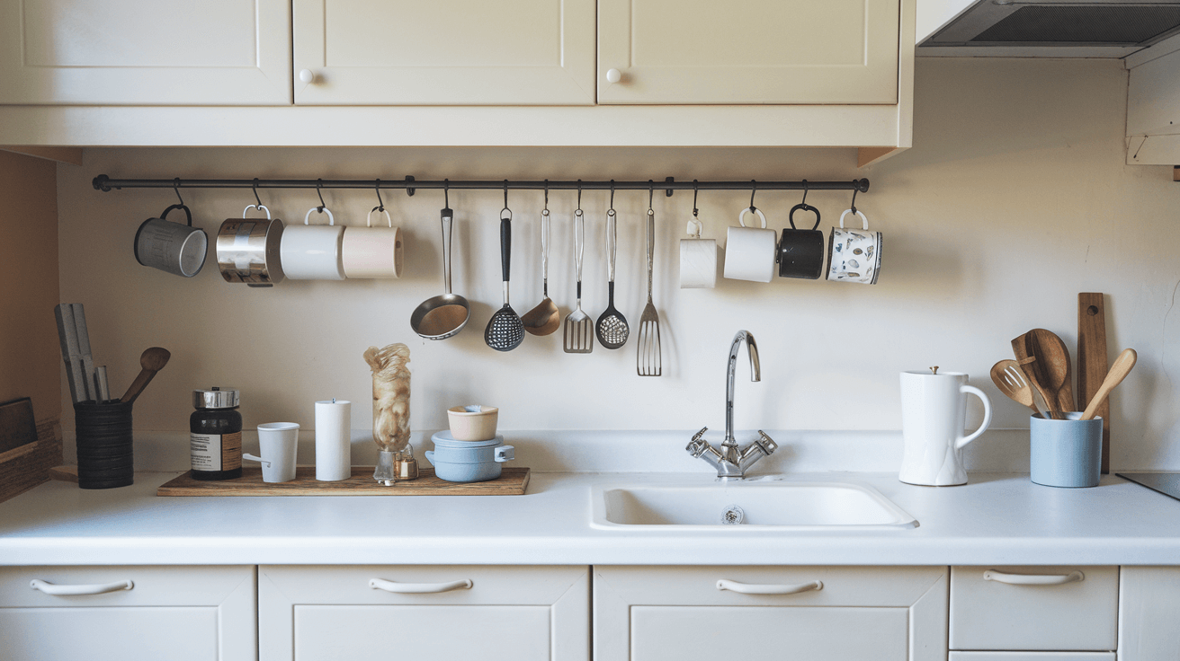 white kitchen with under-cabinet hooks holding mugs, cups, utensils, and small cookware