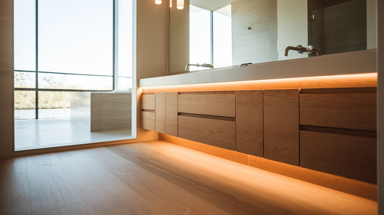 floating wooden vanity with warm under-cabinet lighting and a large illuminated mirror