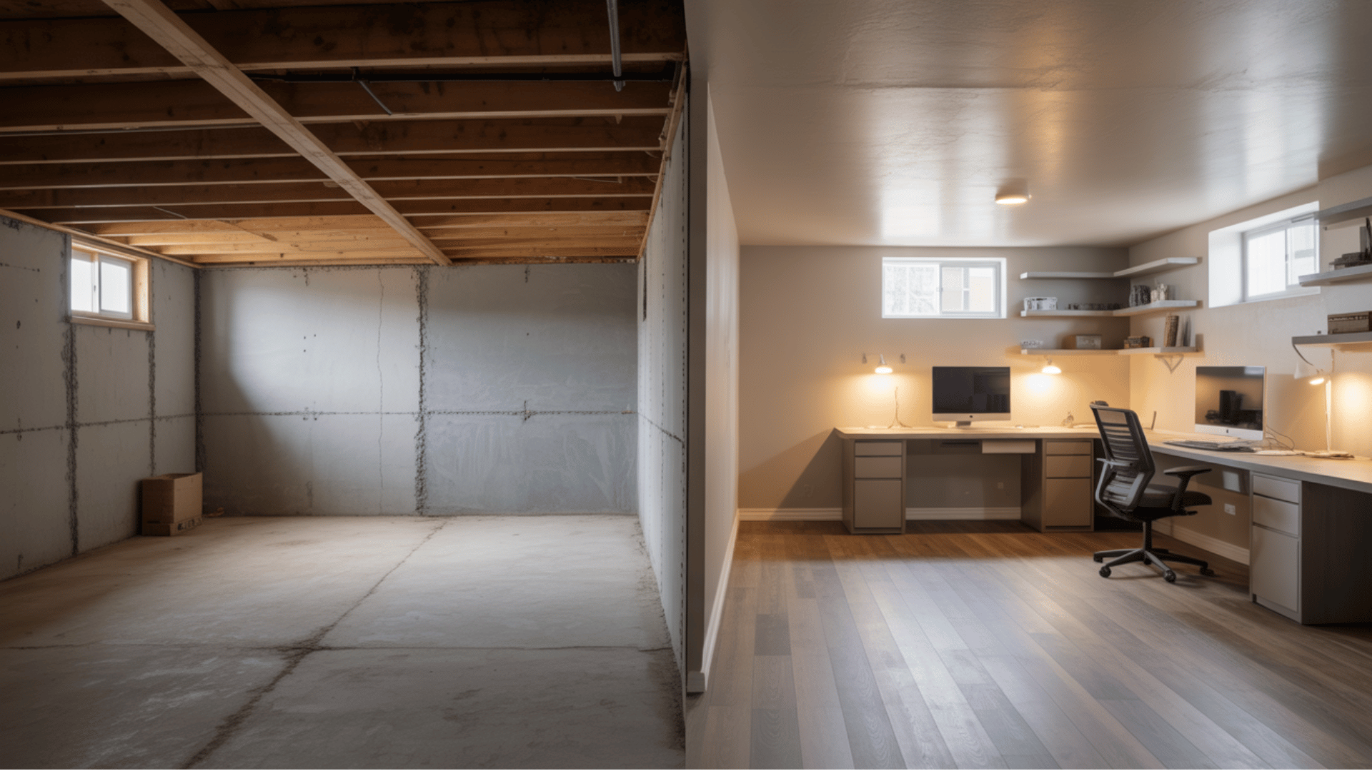 before-and-after basement showing an unfinished room converted into a modern home office